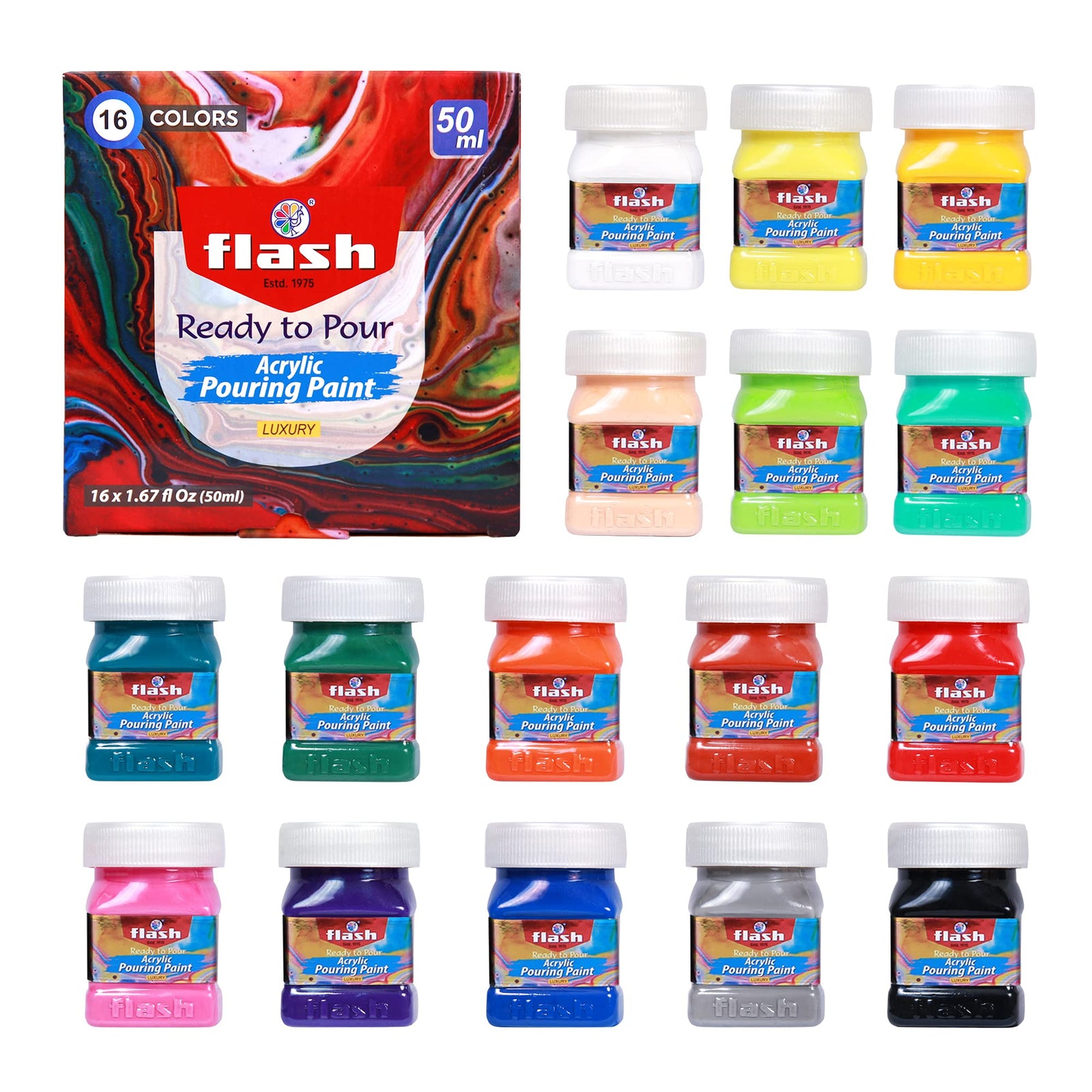 مجموعة ألوان أكريليك جاهزة للصب من فلاش، تحتوي على ١٦ درجة لون مختلفة، سعة كل عبوة ٥٠ مل. تتميز بسيولة عالية تسمح بالصب السلس والمتساوي دون الحاجة إلى خلط أو تخفيف.