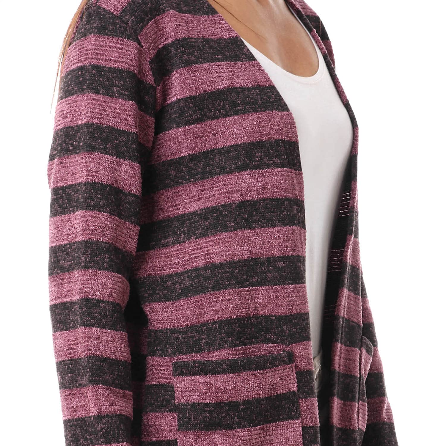 Jamila Women Striped Front Pockets Long Sleeves Open Cotton Cardigan