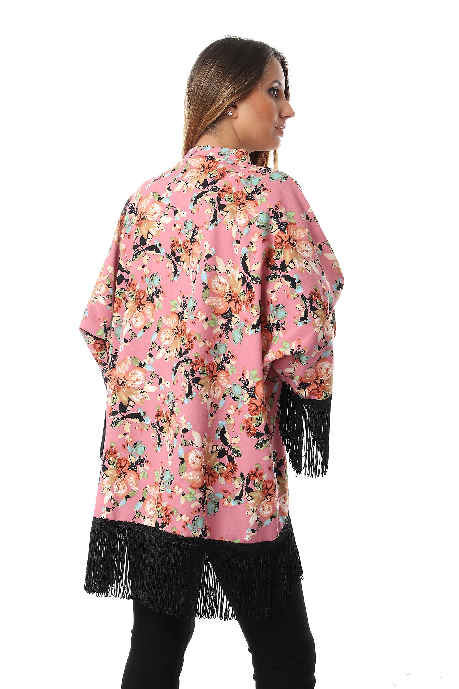 Jamila Women Floral Patterned Contrast Fringes Cotton Kimono