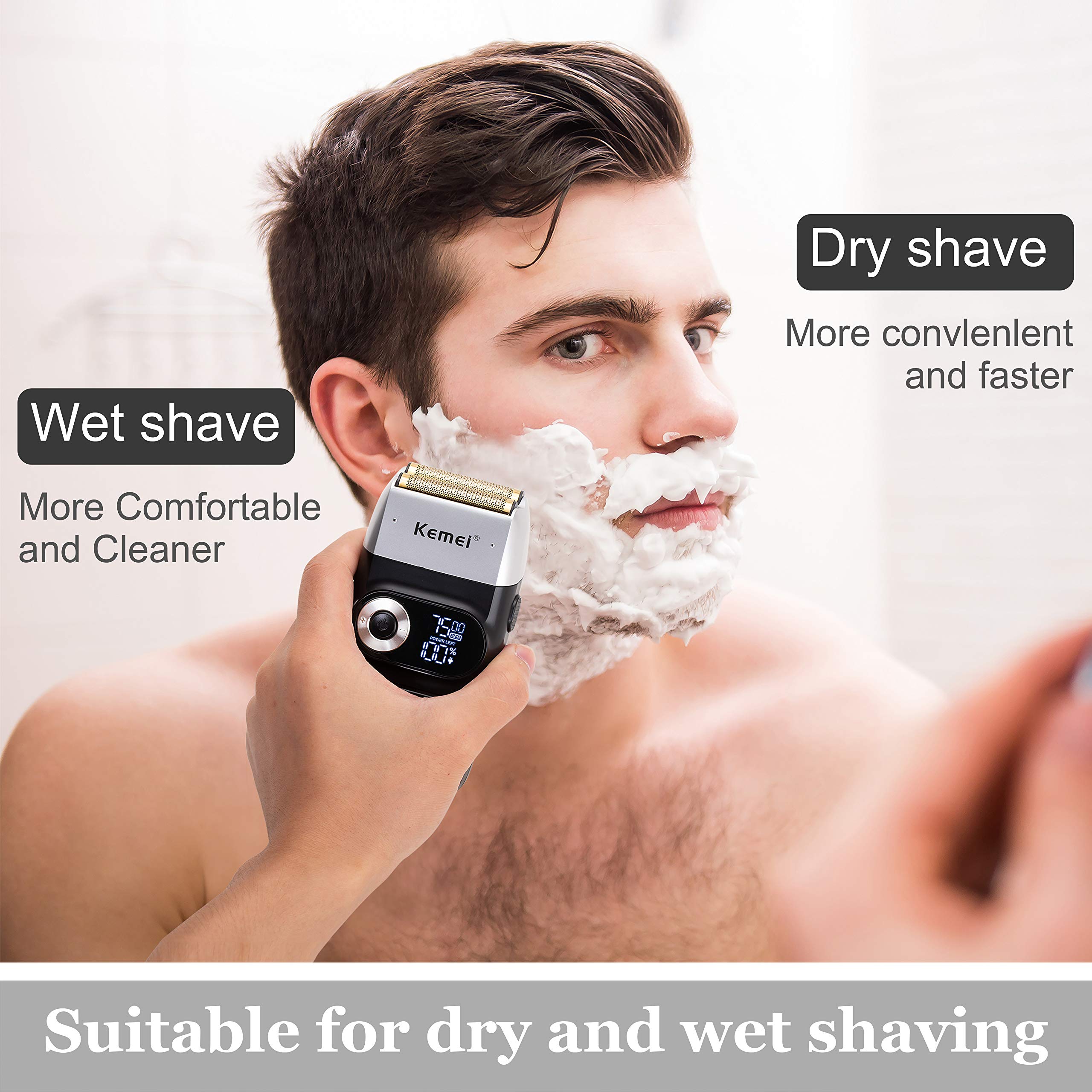 Kemei Foil Shavers for Men Electric Razor with Bald Trimming Cordless Electric Shavers with LED Display 2 in 1