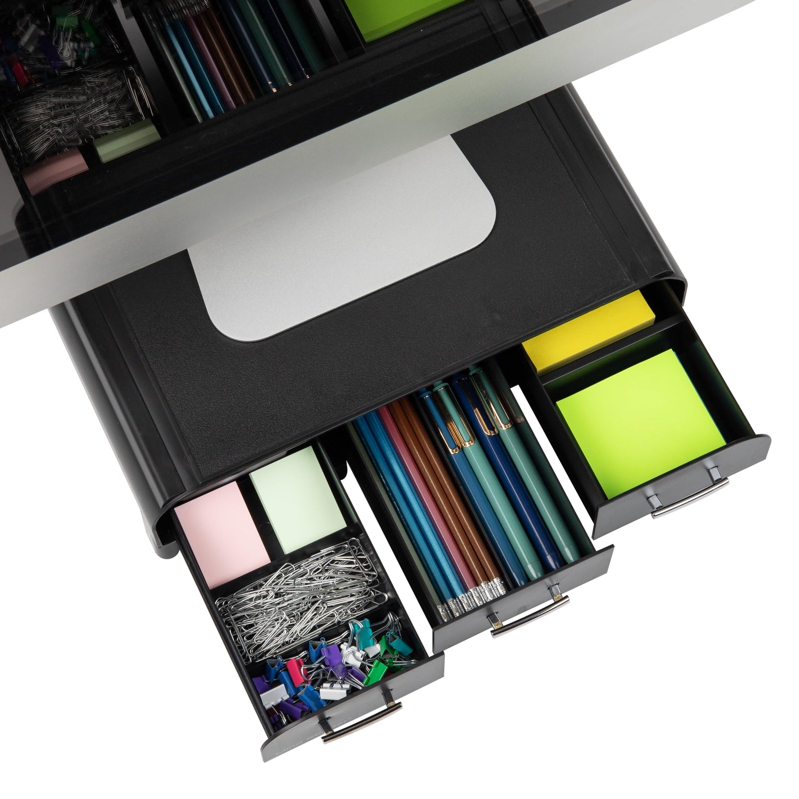 منظم مكتب وحامل شاشة من Mind Reader هو حل عملي وأنيق لتحسين مساحة العمل. يتميز بـ 3 أدراج للتخزين للحفاظ على أدوات المكتب منظمة، مع رفع الشاشة إلى ارتفاع مريح للعرض بشكل مريح