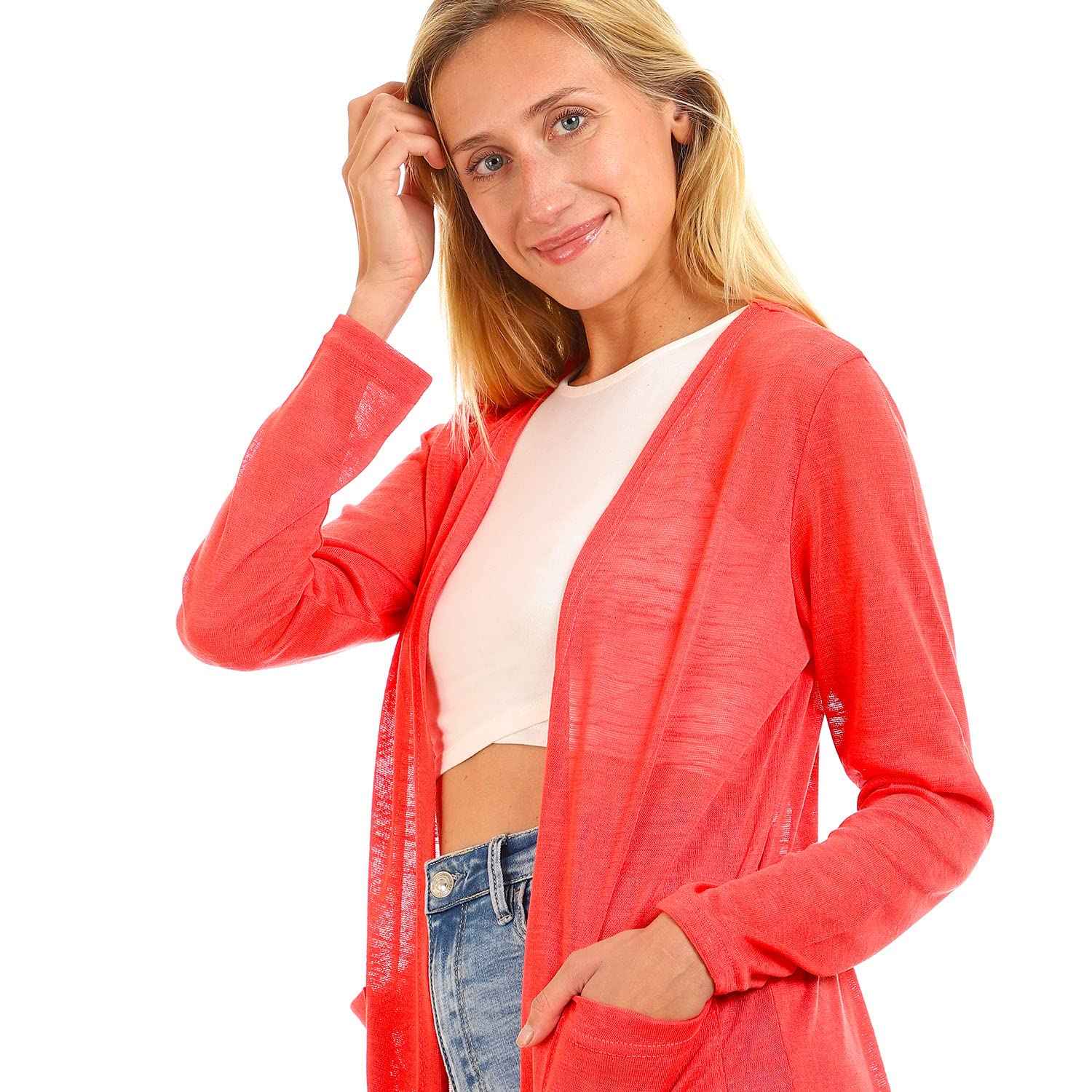 JAMILA Side Pockets Open Neckline Cardigan For Women,Versatile design suitable for casual, work, or semi-formal occasions.