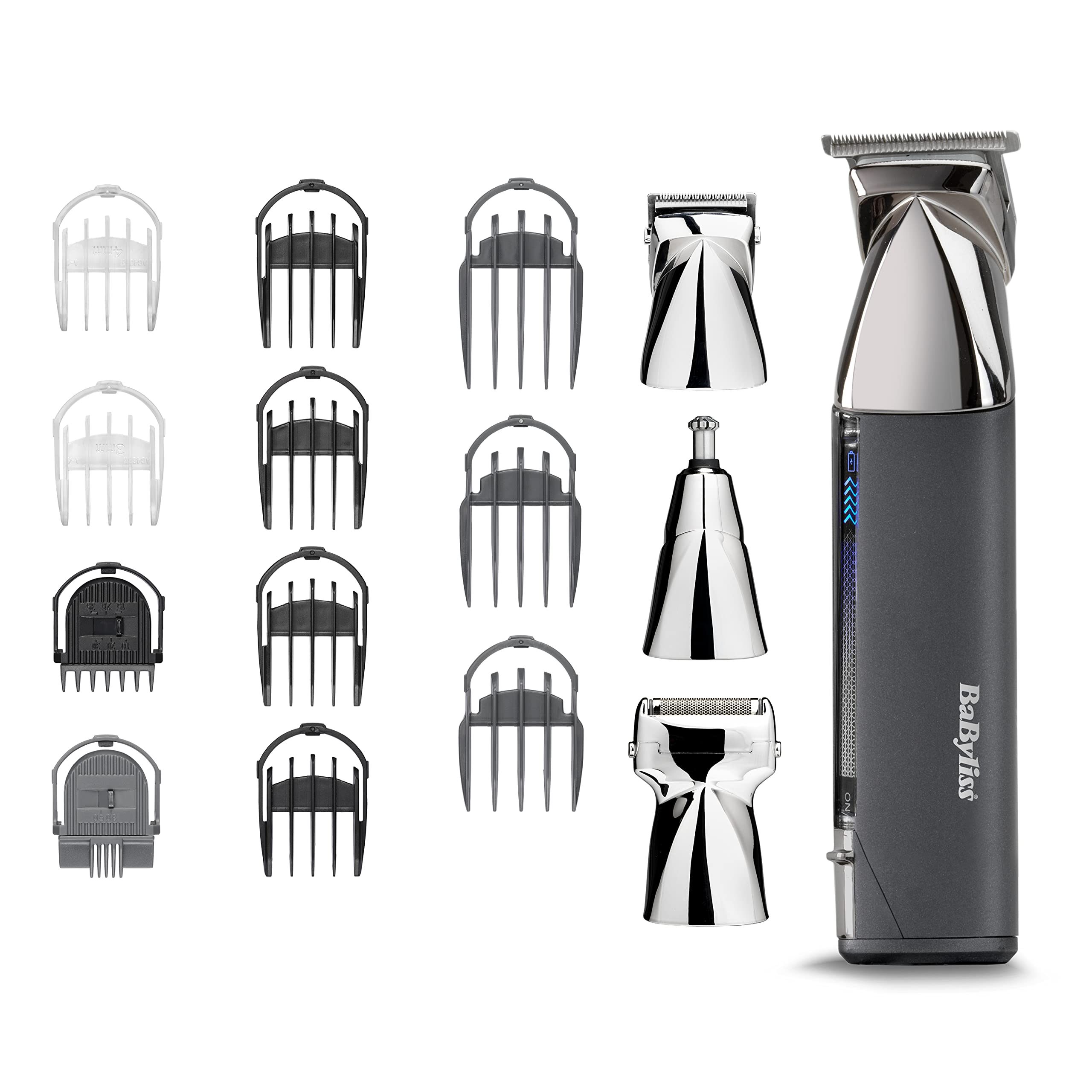 BaByliss Men Super-X Metal Series 15 in 1 Multi Trimmer, 4x Cutting Heads With Unique MagFix System, Delivers 5 Hours Of Consistent Cordless Use, 100% Waterproof For Wet & Dry Use, 7200USDE (Grey)