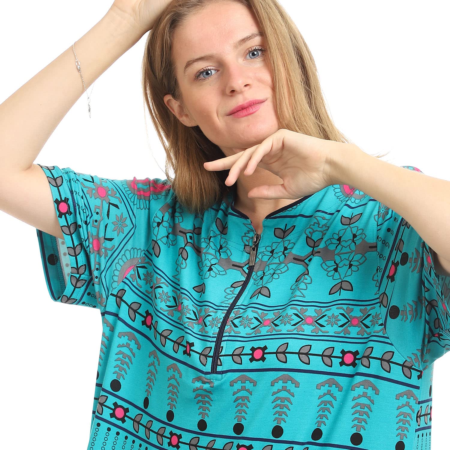 KADY Multi Patterns Zipped Round Neck Long Nightgown For Women,Relaxed fit for comfortable movement.