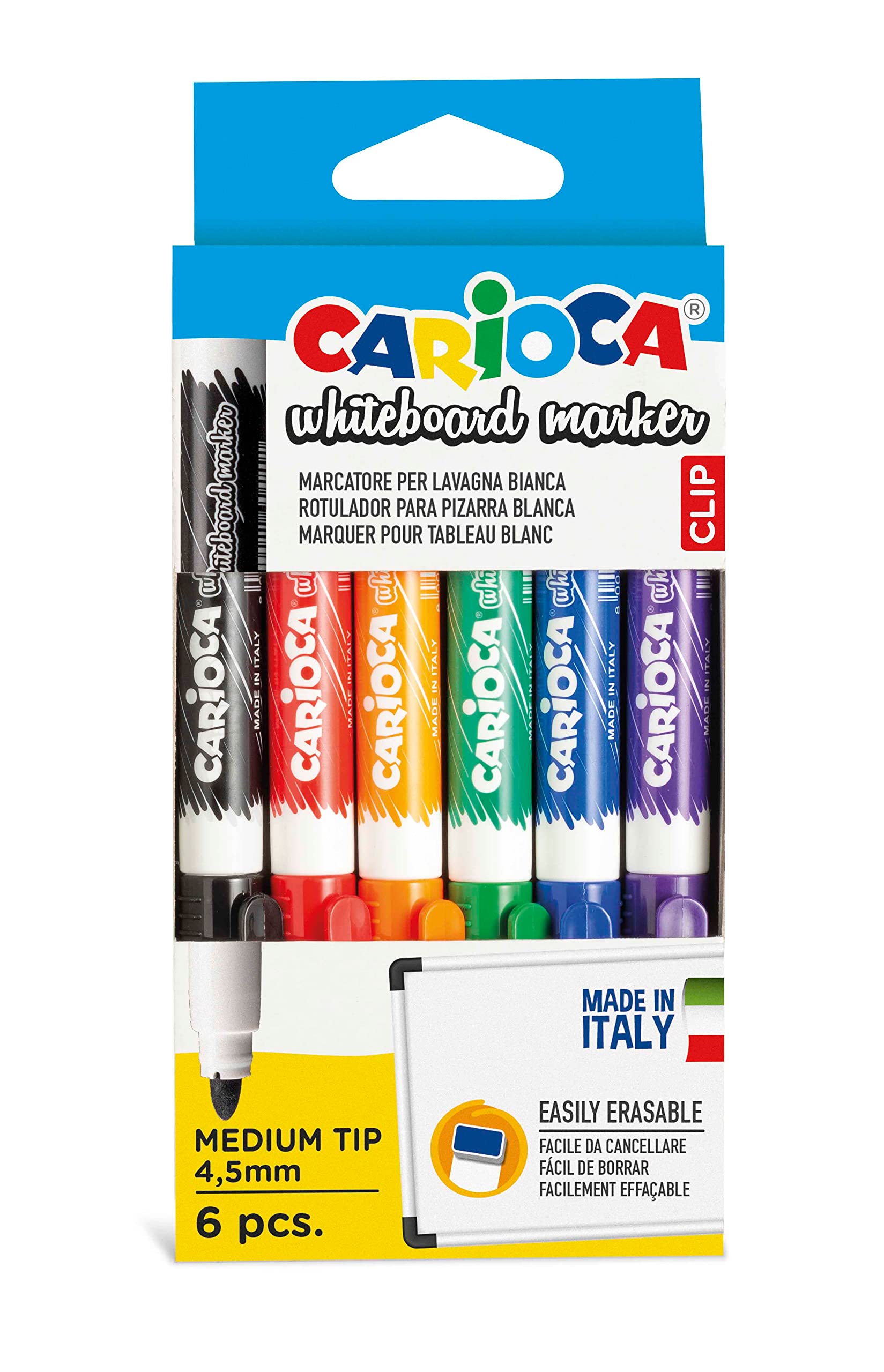 Carioca clip erasable whiteboard markers - assorted colours (pack of 6)- Damage Box