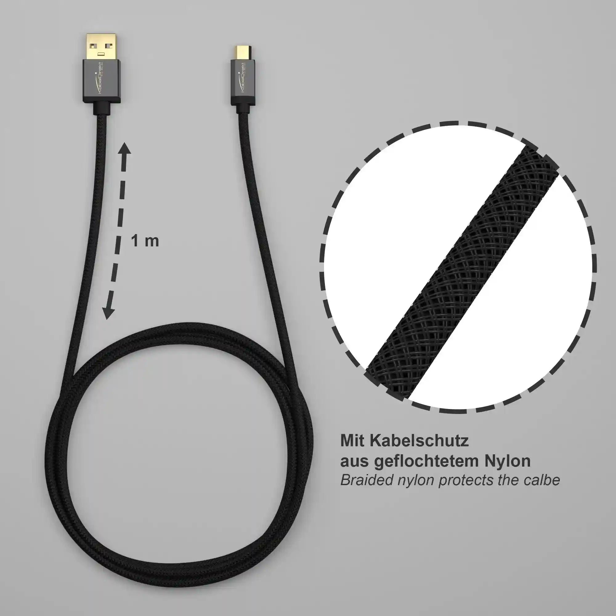 كابل KabelDirekt – كابل Micro USB بطول 1 متر (كابل شحن/نقل بيانات، USB 2.0 وأجهزة Micro USB)، نايلون أسود – سلسلة PRO.