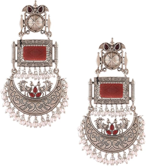 Zaveri Pearls Silver Oxidised Dangle Earrings Stones & Beads ZPFK16701