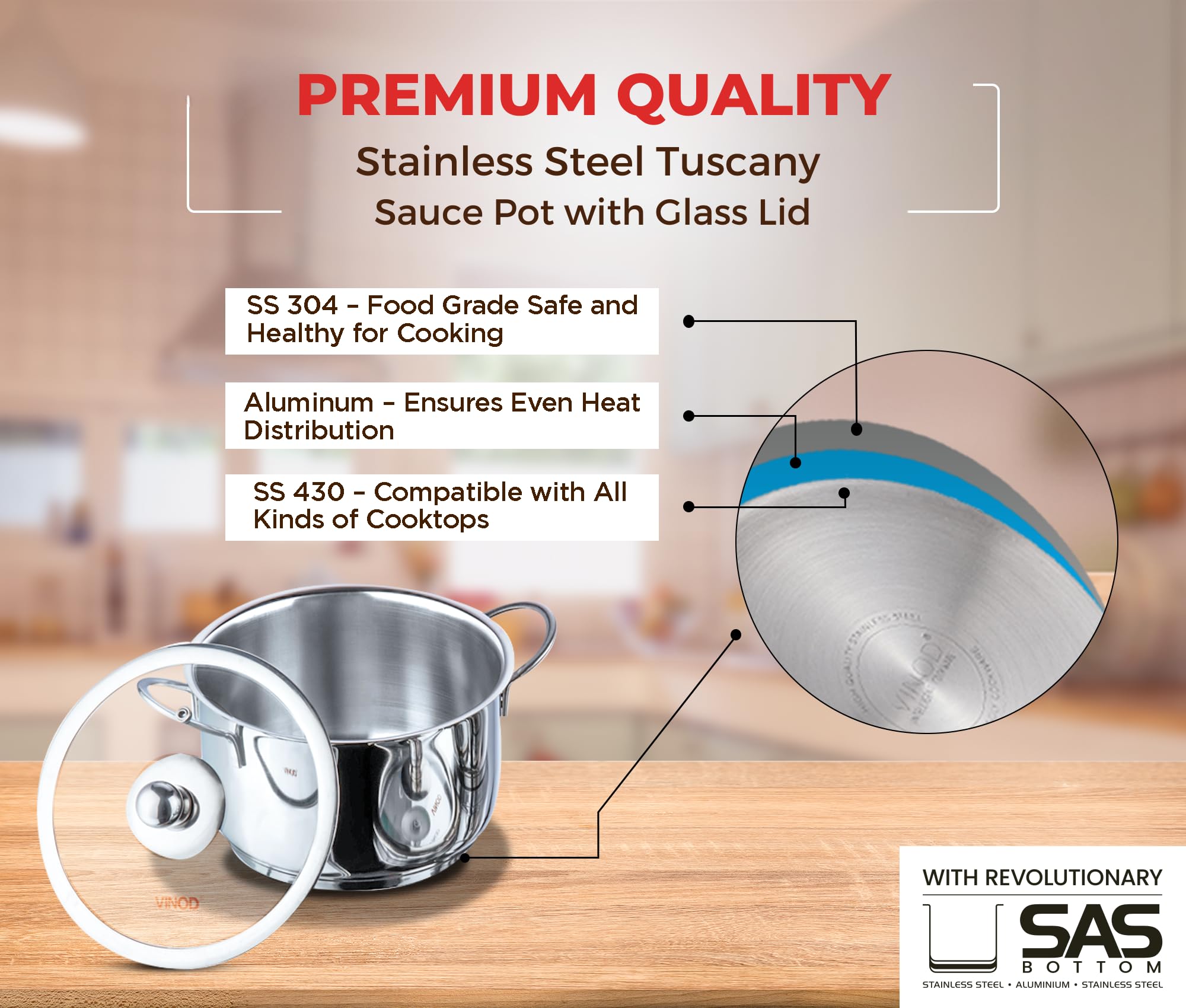 Vinod Tuscany Stainless Steel Cookware Set, 8 Pcs|Saucepan (14 cm/1.3 Litre), 3 Cassseroles (14cm,16cm & 18cm/1.3,2 & 2.8 L) Frypan (18cm) & 3 glass lids, SAS Bottom, Induction and Gas Stove Friendly