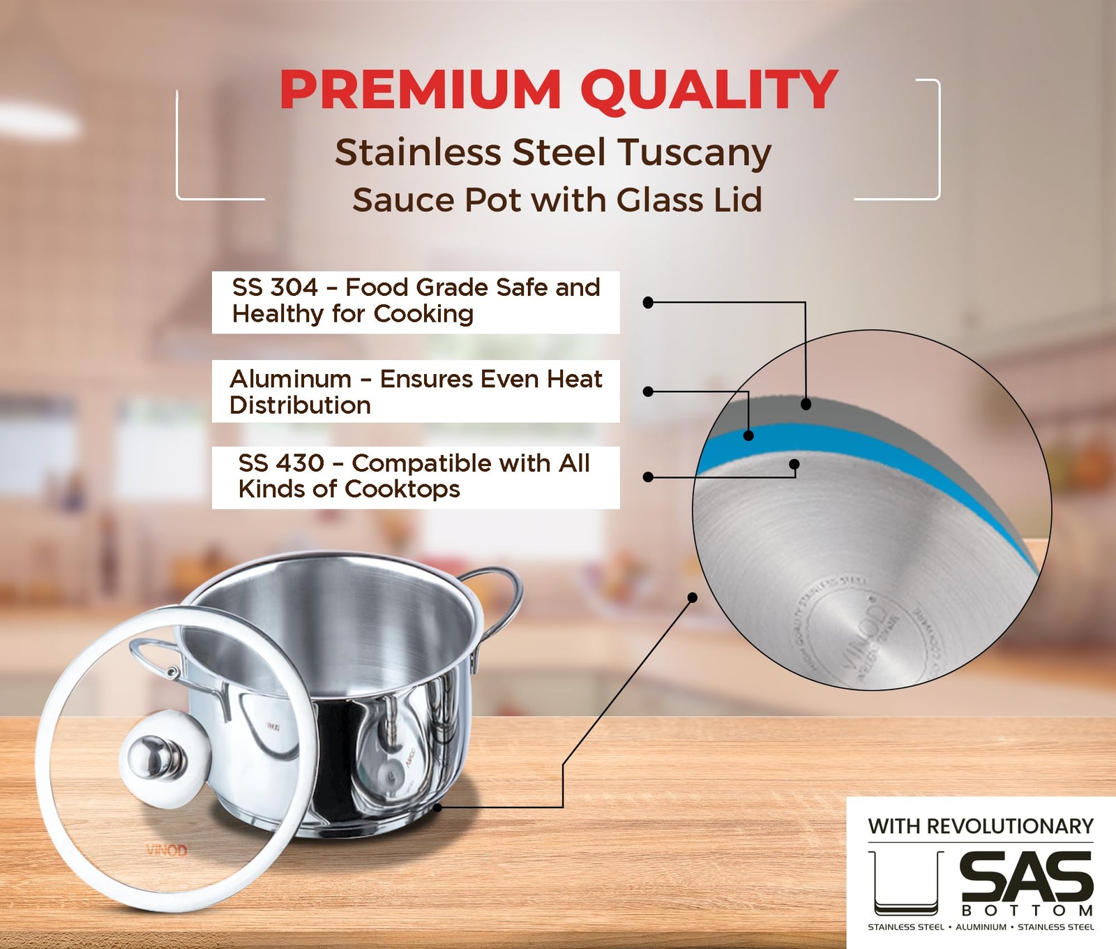 Vinod Tuscany Stainless Steel Cookware Set, 8 Pcs|Saucepan (14 cm/1.3 Litre), 3 Cassseroles (14cm,16cm & 18cm/1.3,2 & 2.8 L) Frypan (18cm) & 3 glass lids, SAS Bottom, Induction and Gas Stove Friendly