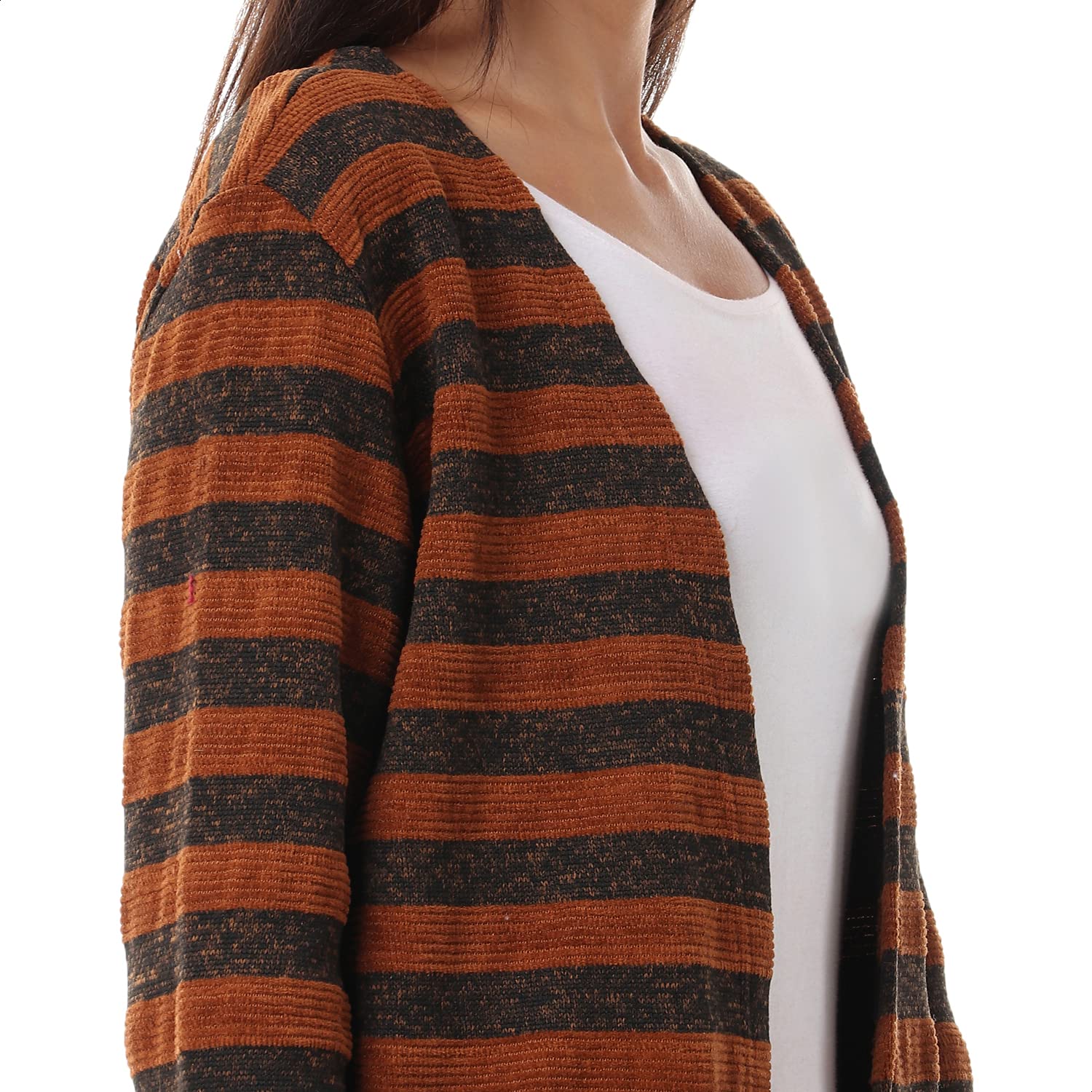 Jamila Women Striped Front Pockets Long Sleeves Open Cotton Cardigan