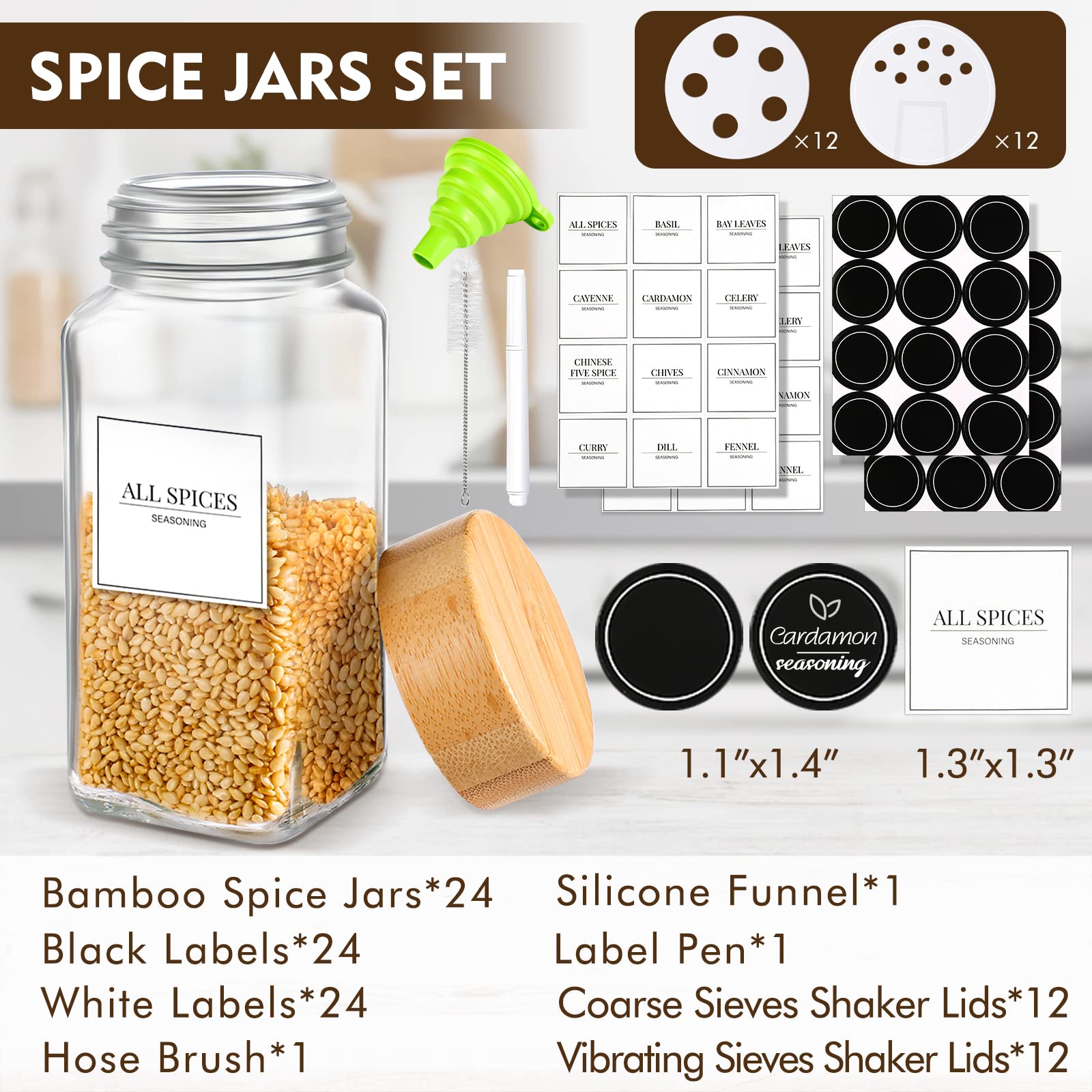 24 Pcs Glass Spice Jars Set with Bamboo Airtight Lids – 4oz Square Seasoning Containers with Labels, Shaker Lids, Funnel, Brush & Marker