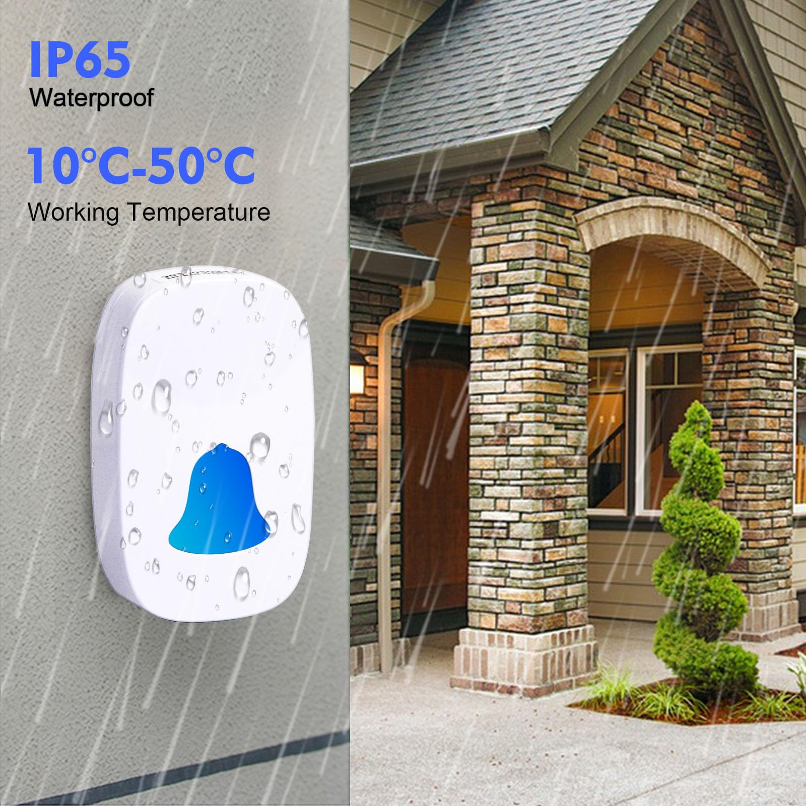 مجموعة جرس باب لاسلكي من سكاي-تاتش تشمل زر اتصال واحد وجهازين استقبال، مصممة لتوفير تنبيه منزلي سهل وموثوق. تصميم مقاوم للماء يضمن المتانة في جميع الظروف الجوية