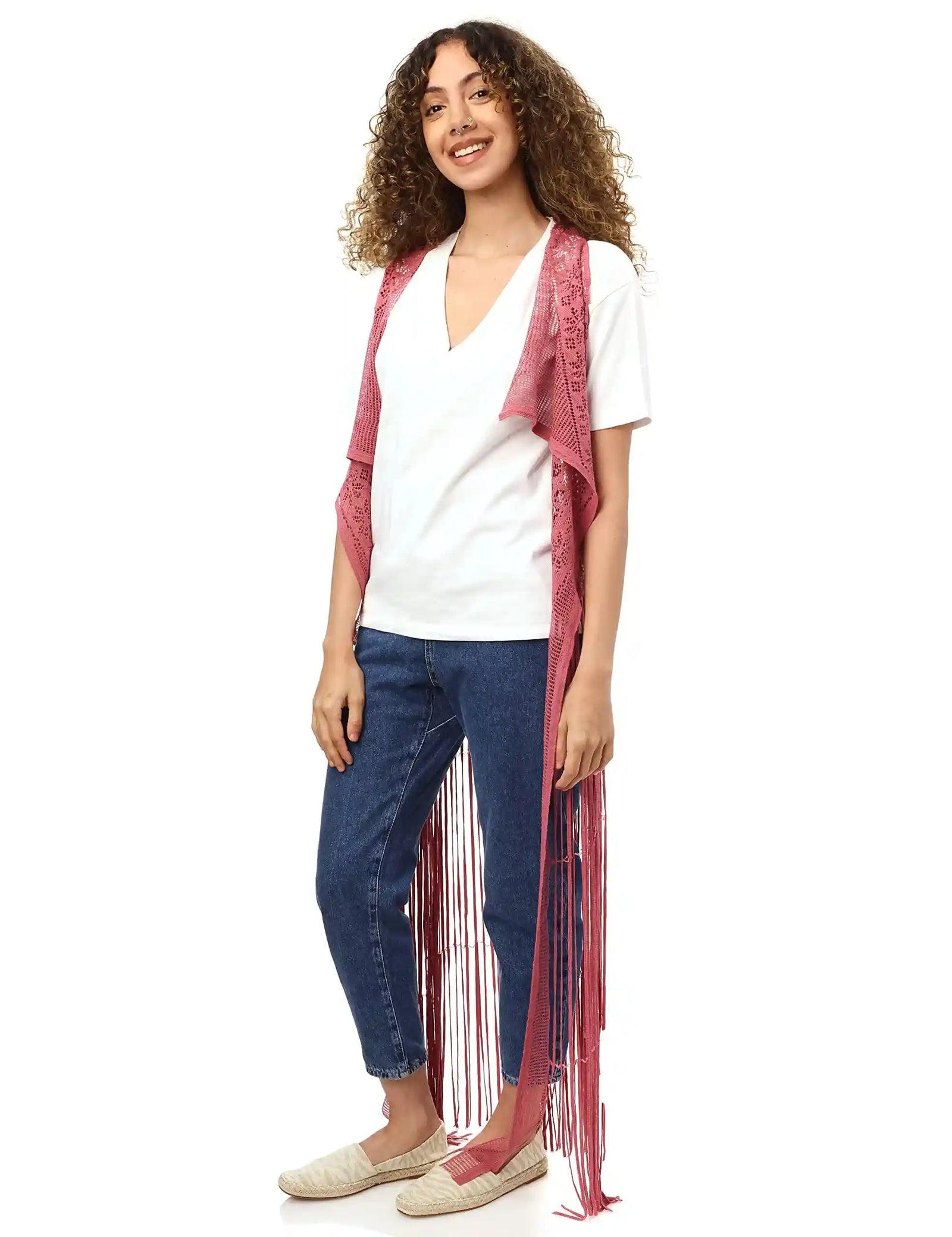 JAMILA Women fringed net cardigan SWEATER
