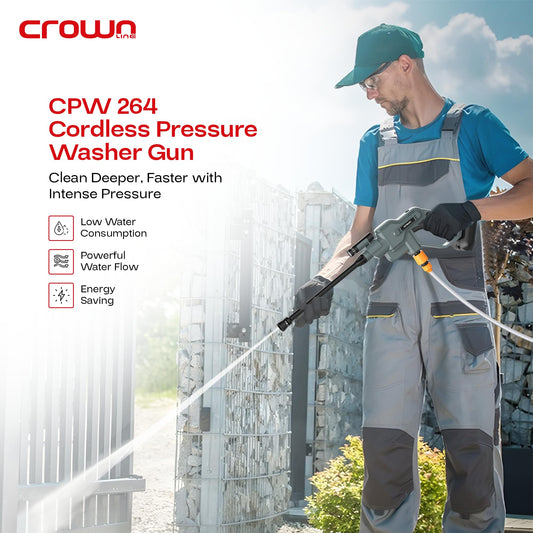 كراونلاين CPW 264 غسالة ضغط لاسلكية، 200 290 رطل/بوصة²/14 20 بار، البطارية: DC 18.5 فولت، الطاقة: 130 واط، AC 100 240 فولت، 50/60 هرتز،