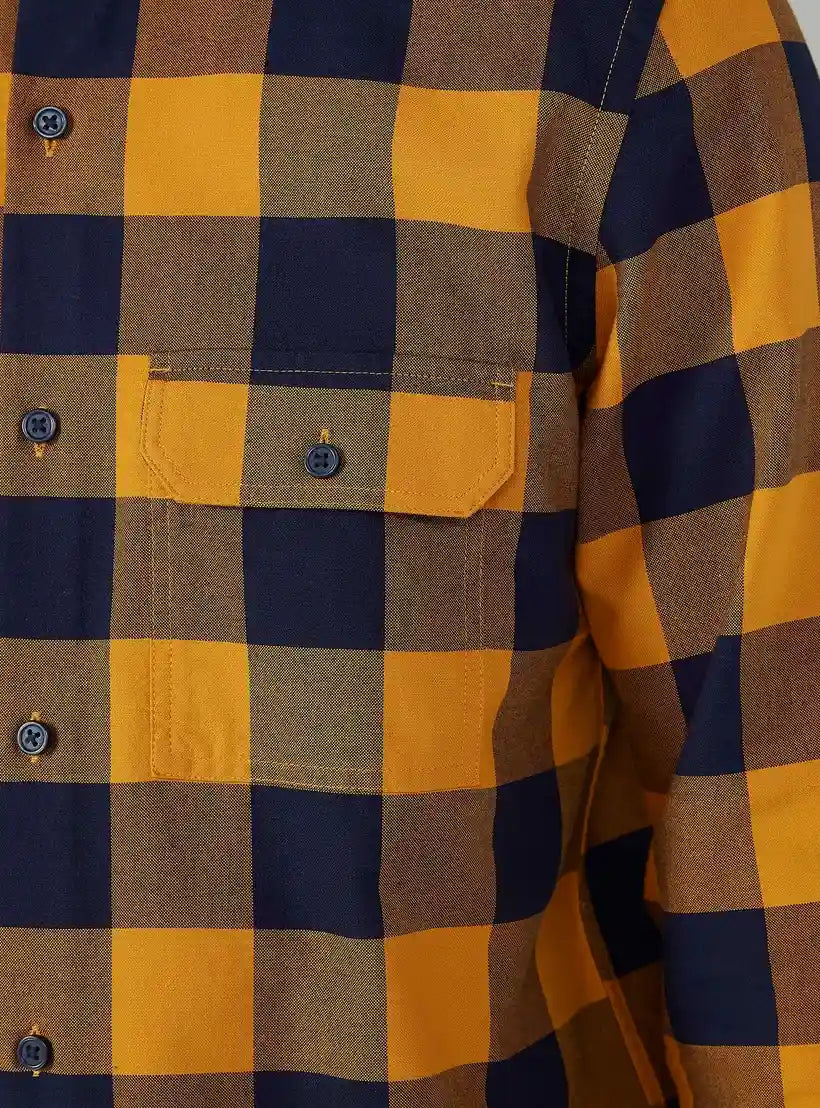 Slim Fit Chequered Shirt with Spread Collar and Long Sleeves