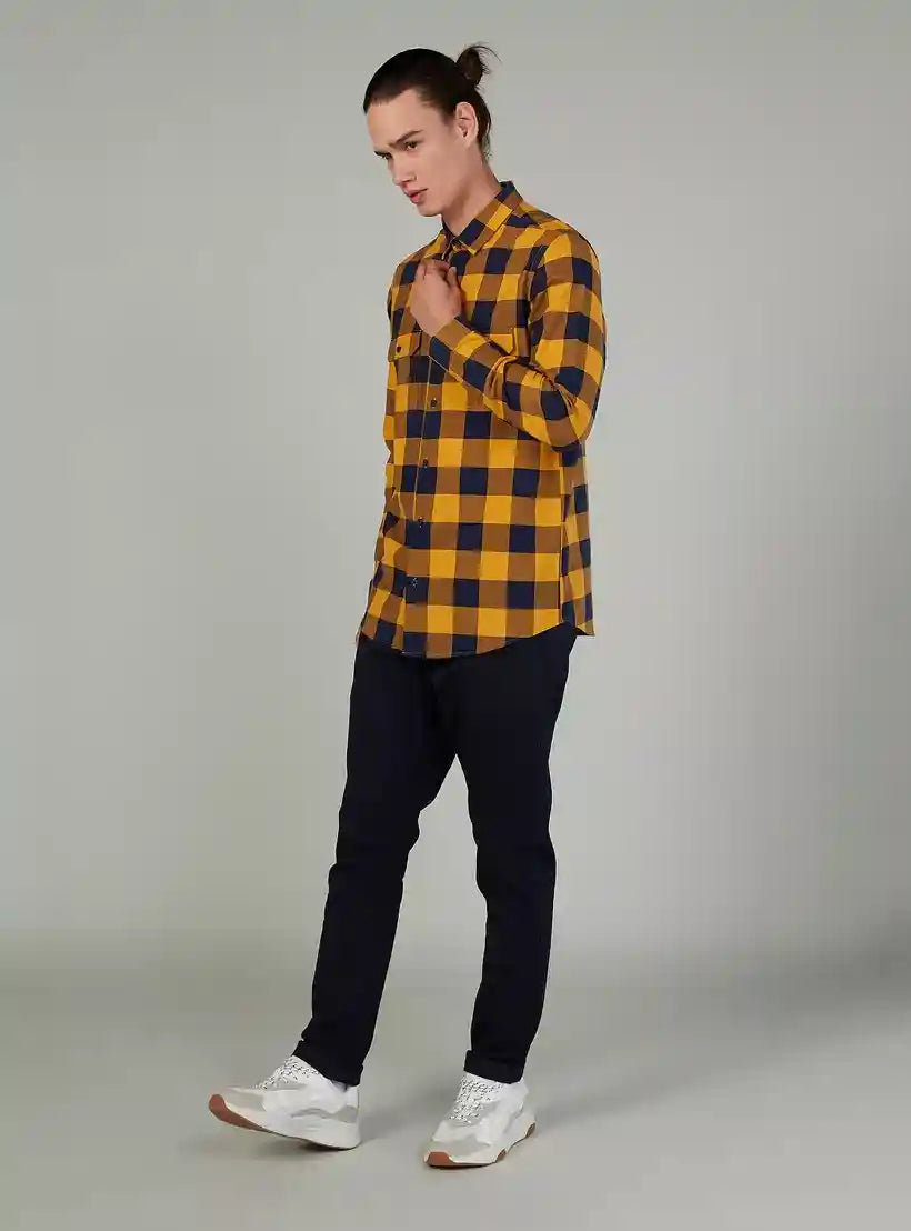 Slim Fit Chequered Shirt with Spread Collar and Long Sleeves