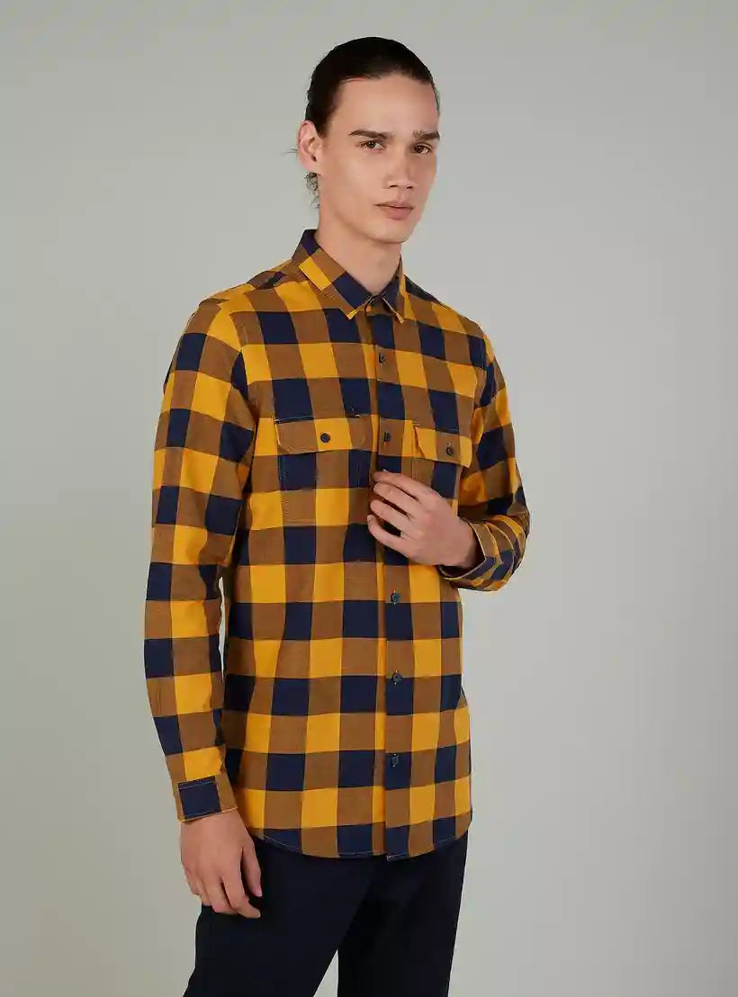 Slim Fit Chequered Shirt with Spread Collar and Long Sleeves
