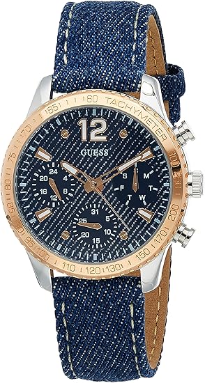 Guess W1057L1 Chronograph Contrast Round Genuine Leather-Stitched Analog Watch for Women - Blue