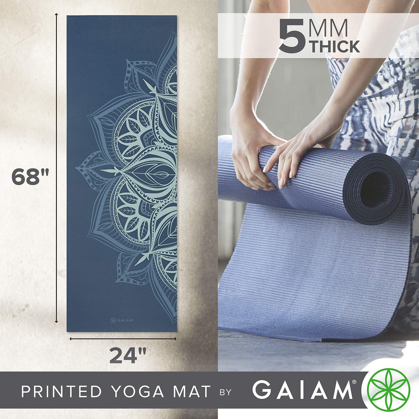 Gaiam Premium Yoga Mat 5 mm – Printed Thick Non-Slip Exercise Mat