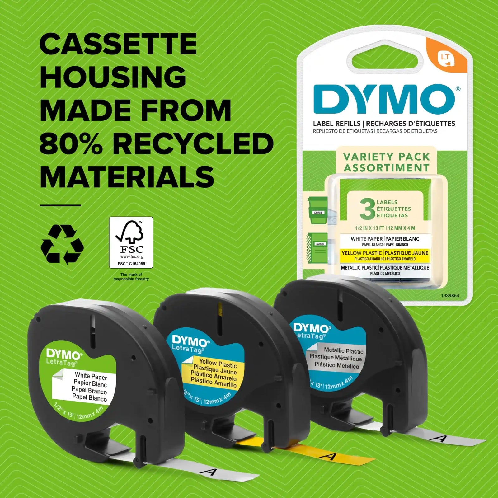 DYMO  Plastic Labels | Authentic | 12 mm x 4 m Roll | Black Print on Green Labels | Self-Adhesive Multipurpose Labels for Label Makers