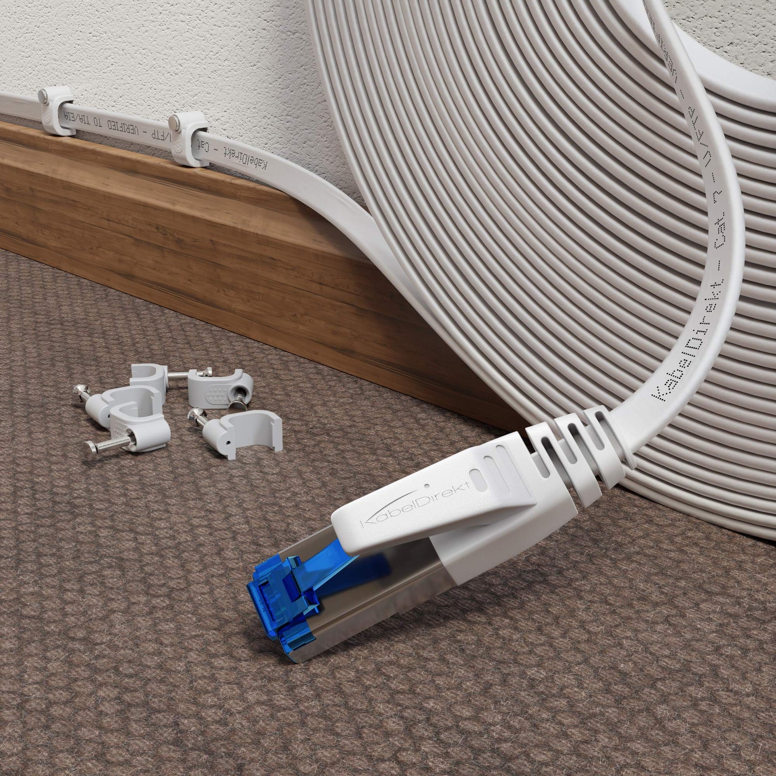 KabelDirekt â€“ 1.5m â€“ Flat Ethernet/LAN/network cable (Cat 7, 10Gbps, RJ45 connector, highly flexible, suitable for permanent installation, for maximum optical fibre speeds, white)