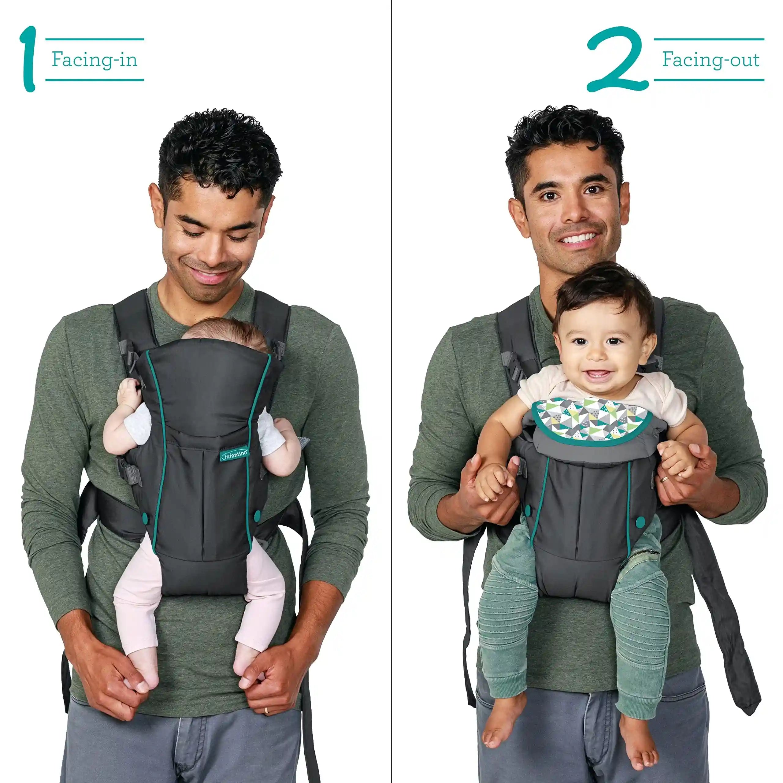 Infantino Classic Carrier with Pocket - 2 Ways to Carry Grey_Carrier with Wonder Bib & Essentials Storage Front Pocket, Adjustable Back Strap, Inward & Outward Facing, Easy Clean Material – Safqqa Egypt