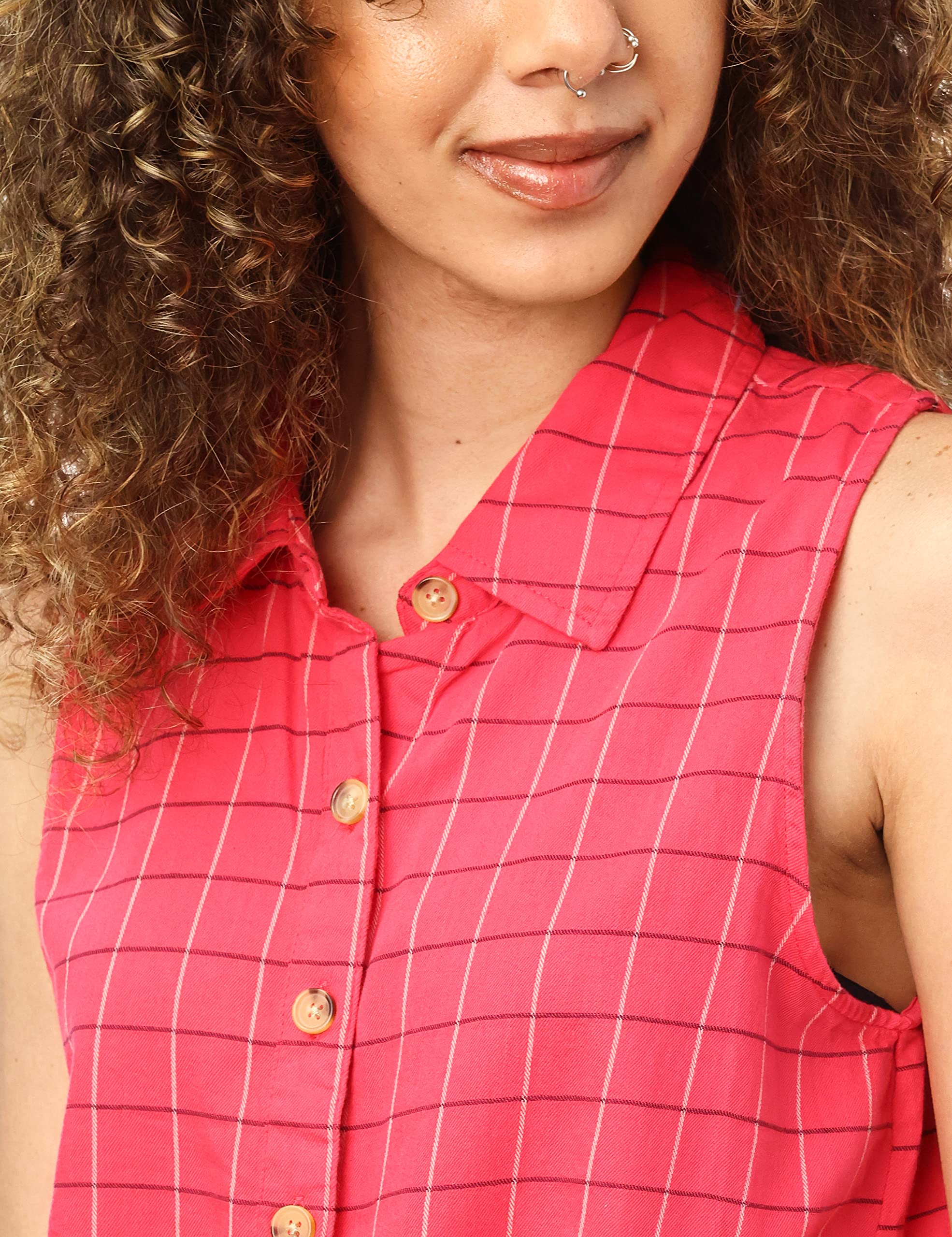 AEROPOSTALE Cotton Windowpane Plaid Front-Knot Sleeveless Blouses for Women