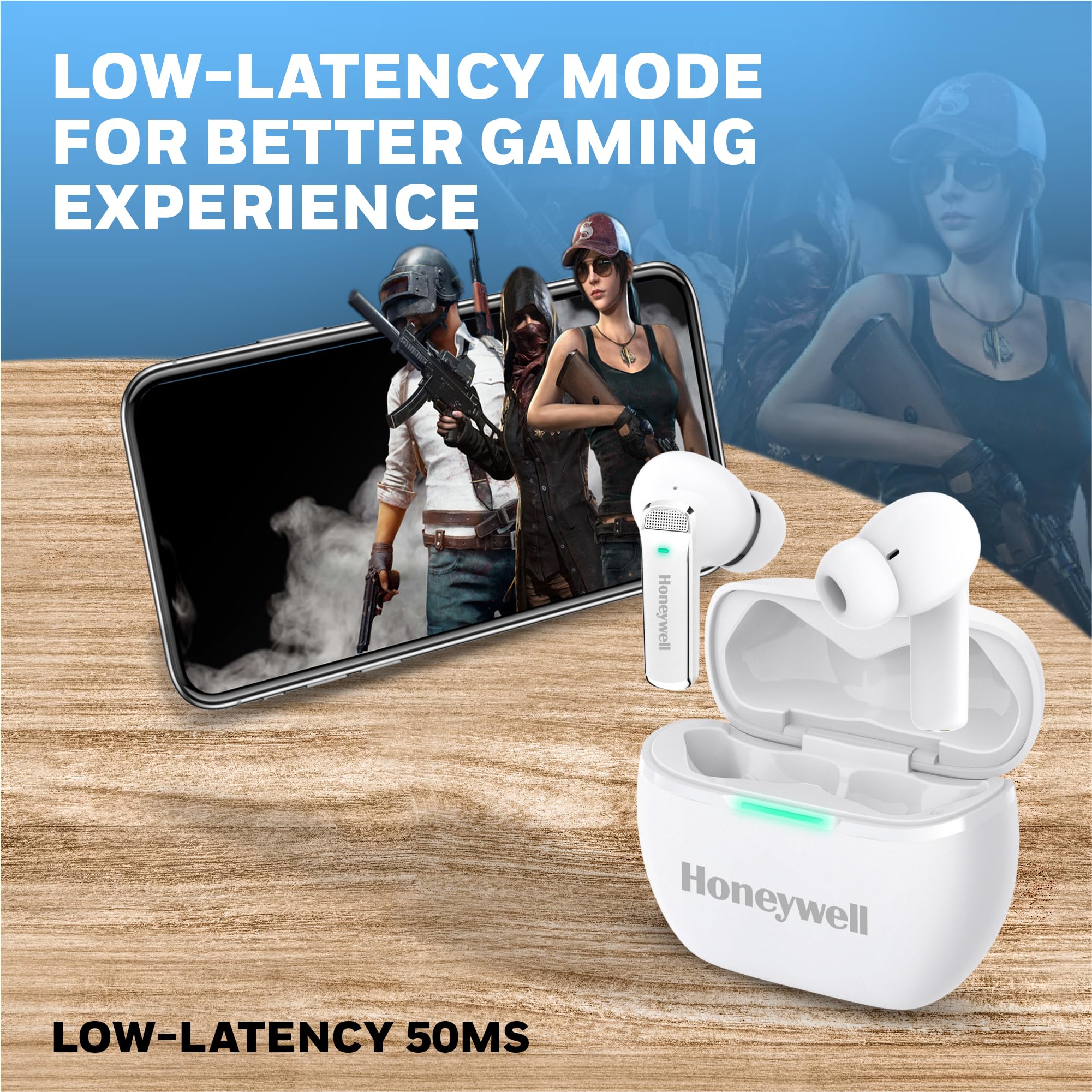 Honeywell  U5100, in-Ear Wireless Active Noice Cancellation, True Wireless Stereo Earbuds, Low Latency Mode(50MS), 6 Mics, Bluetooth V5.2, Sweat & Splash Resistant, 62 Hour Playtime, White – Safqqa Egypt