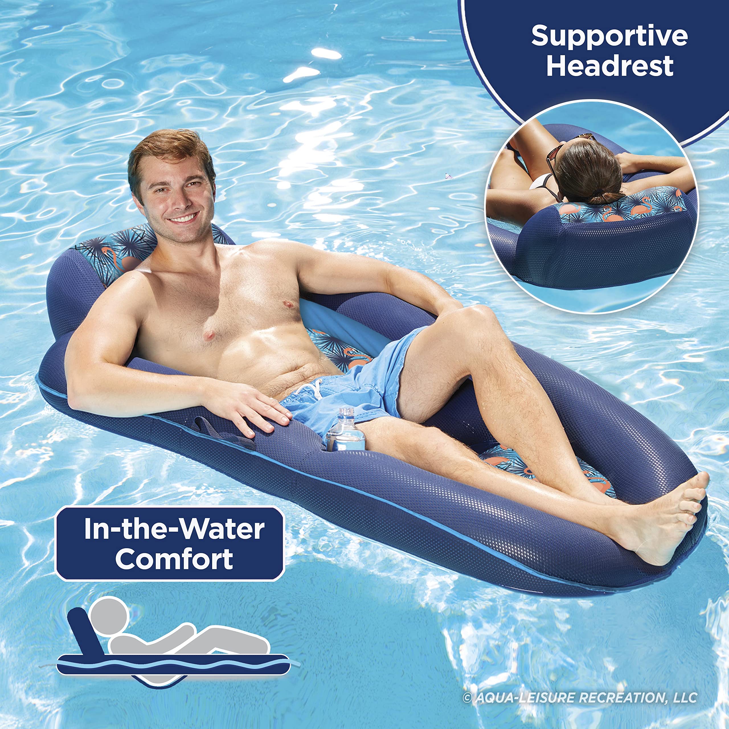 Aqua LEISURE Inflatable Pool Float with Headrest, Backrest & Footrest, Palm Beach Flamingo Design for Pool Relaxation