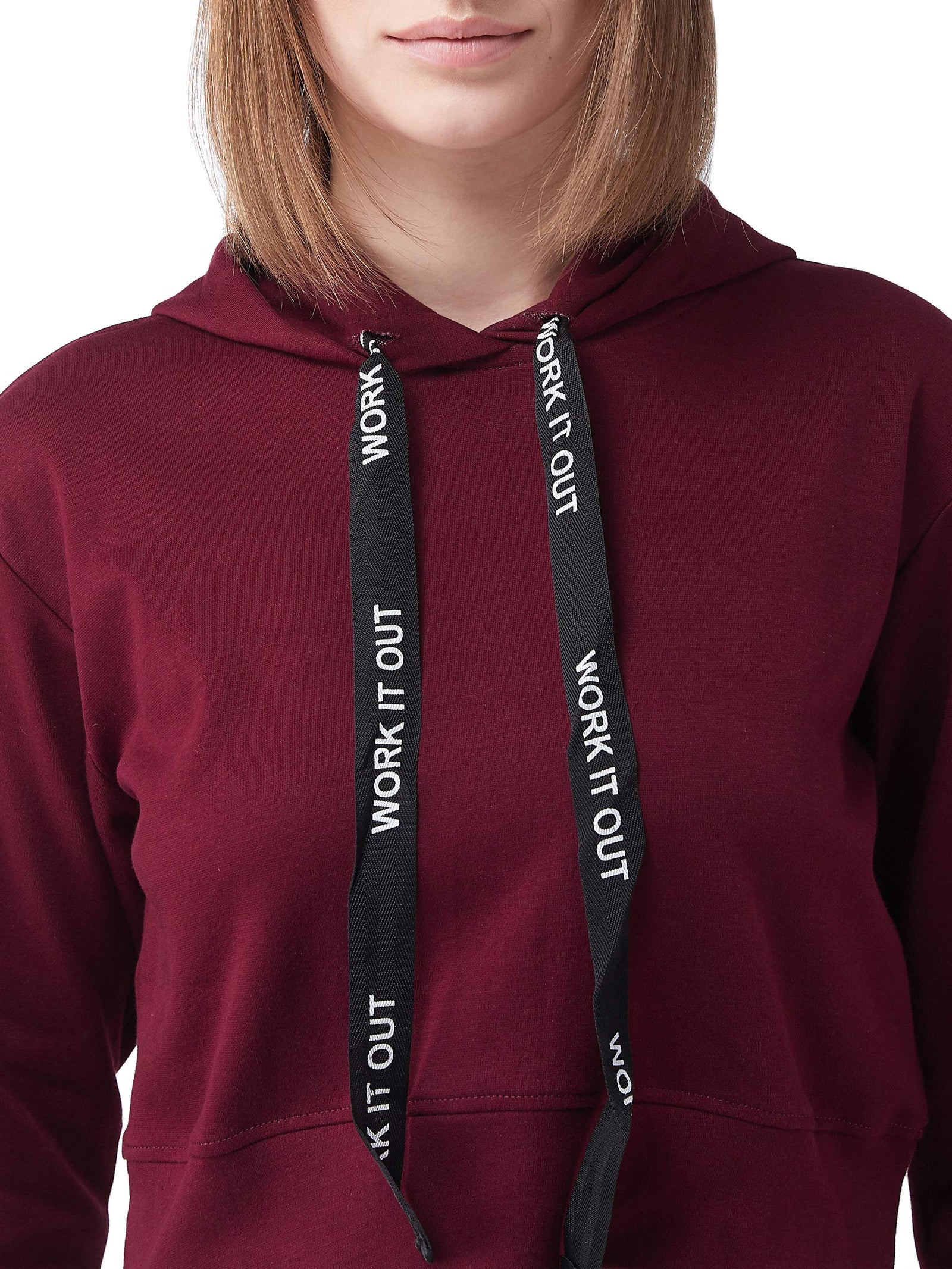 Miss Olive Women's Solid Round Neck Full Sleeve Hooded Boxy Graphic Twill Tape Detailing Crop Sweatshirt