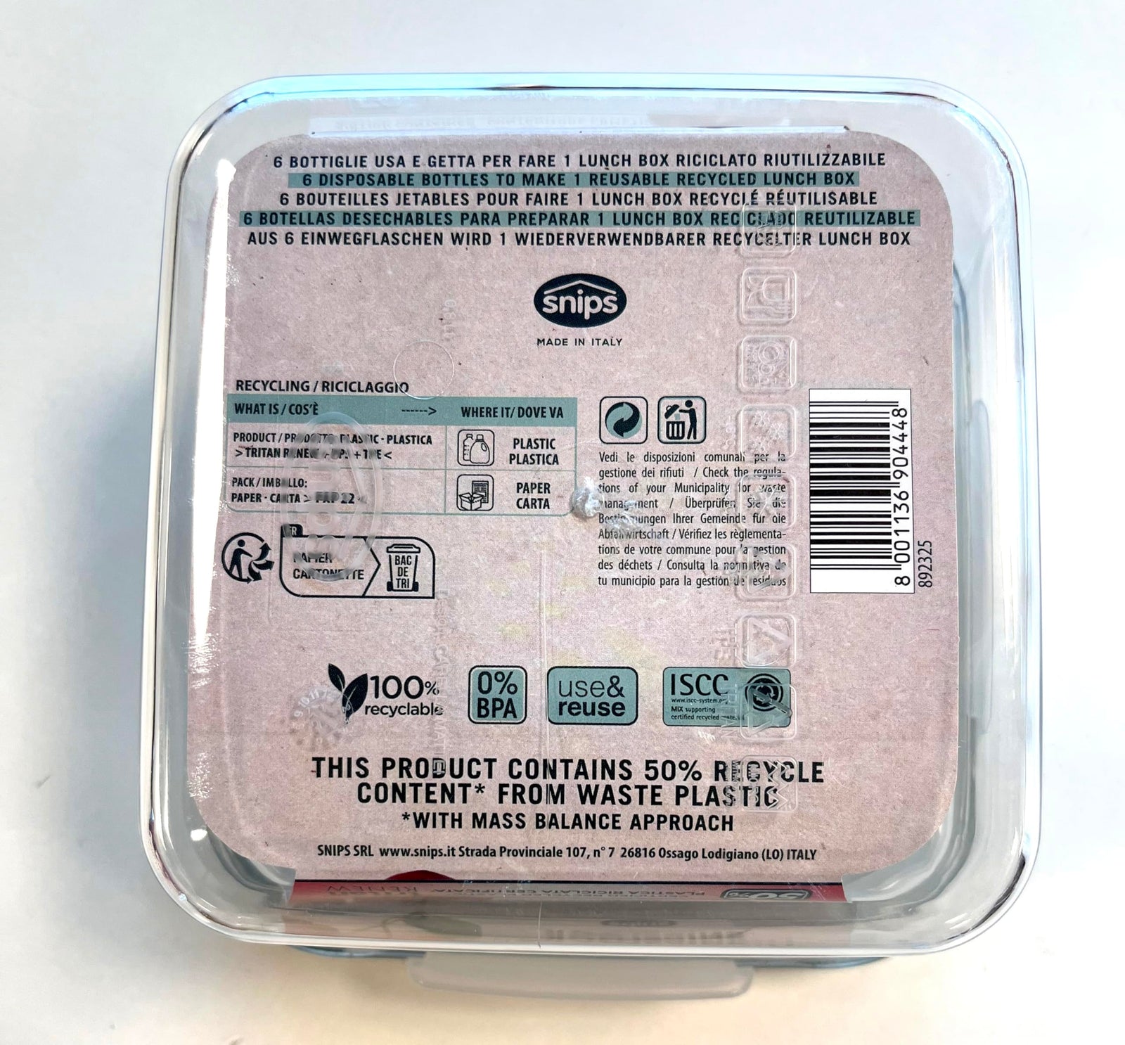 Snips Food Container 0.8 L -Square - Made in Italy