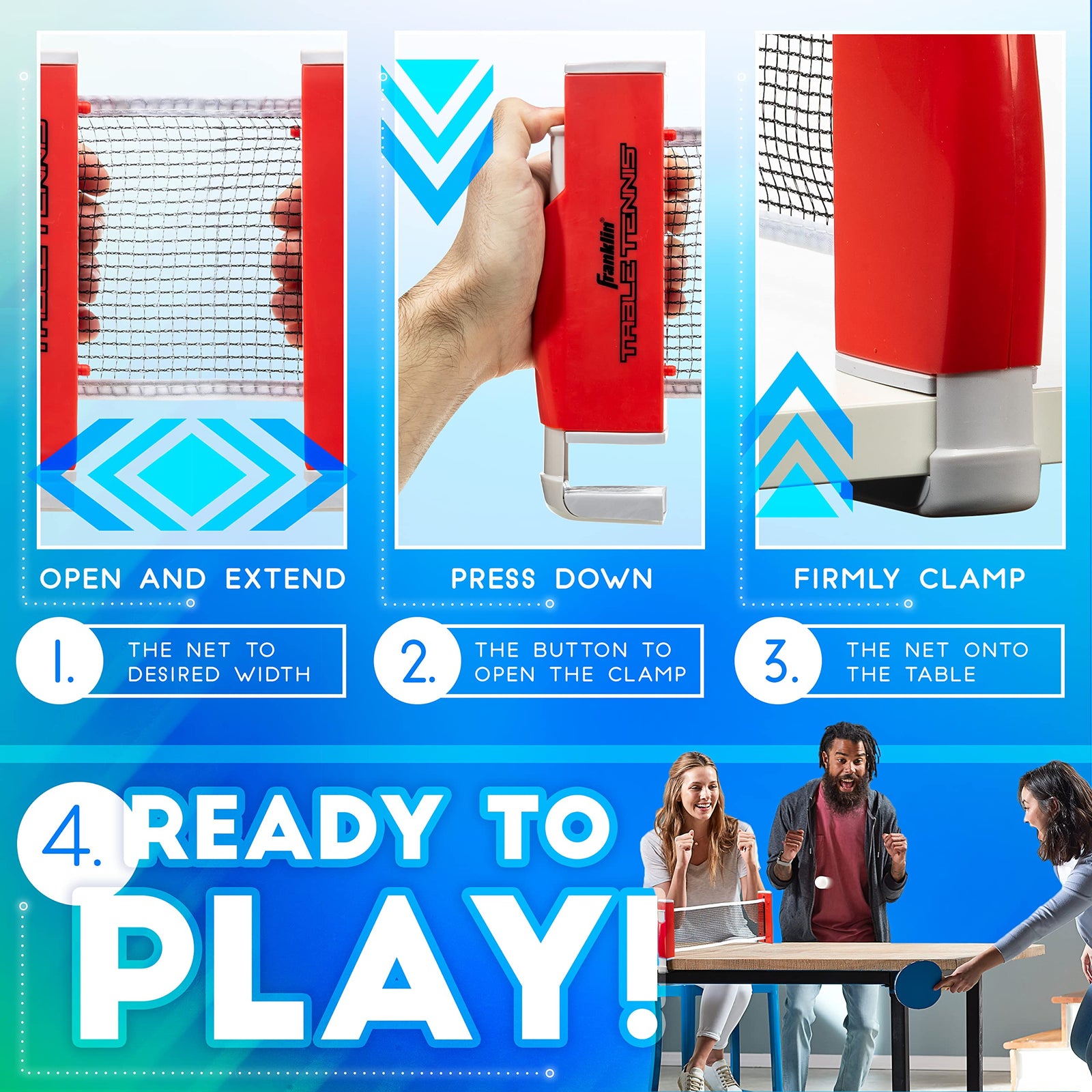 مجموعة تنس الطاولة المحمولة من فرانكلين سبورتس توفر تجربة لعب متكاملة في أي مكان. خفيفة الوزن وسهلة الحمل، تحتوي على مضارب، كرات، وشبكة يمكن تركيبها على أي طاولة