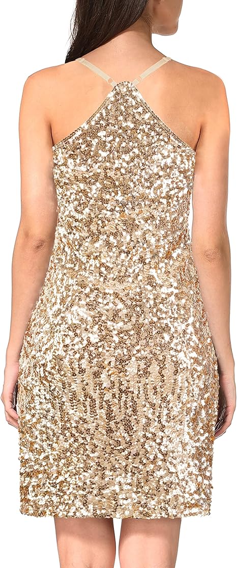 MANER Women Sequin Glitter Dress Adjustable Straps Gold Party Dress – Safqqa Egypt