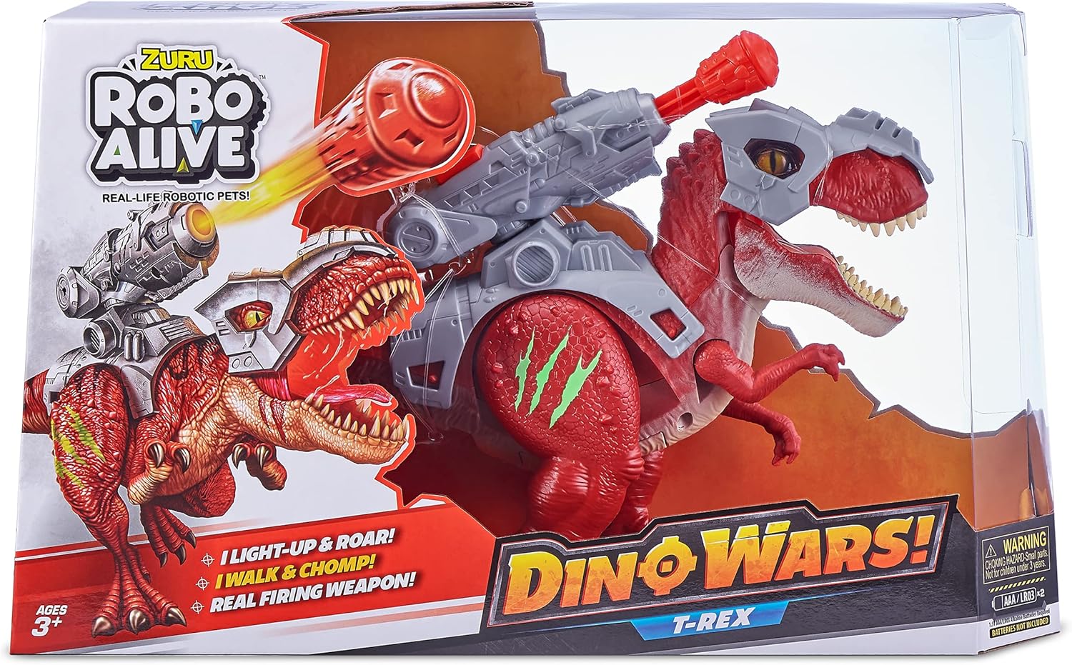 Robo Alive Zuru Dino Wars Walking T-Rex Toy with Epic Armor, Dino Blaster & Light-Up Features and Lifelike Roars