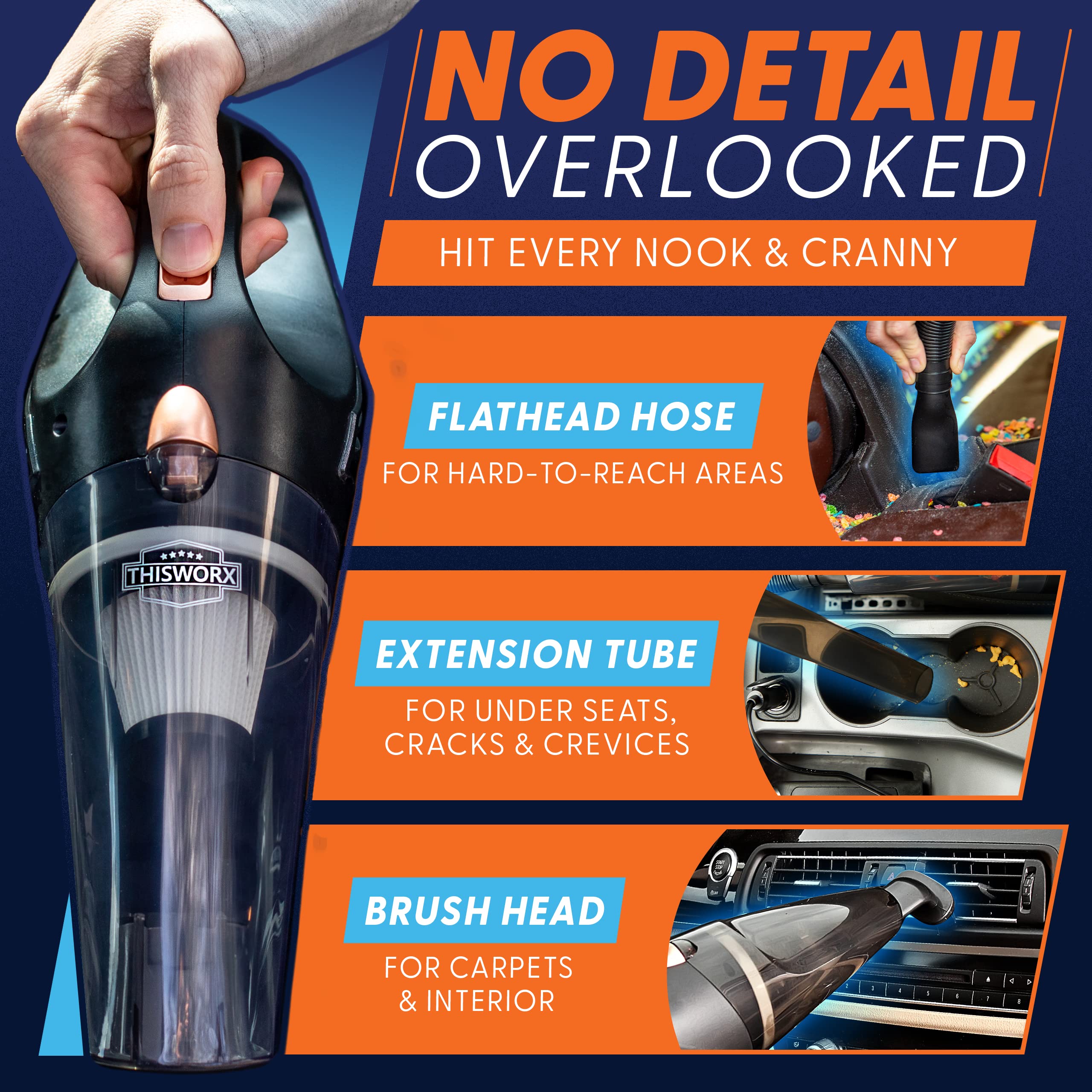 ThisWorx for Cordless Car Vacuum - Portable, Mini Handheld Vacuum w/Rechargeable Battery and 3 Attachments - High-Powered Vacuum Cleaner w/ 60w Motor