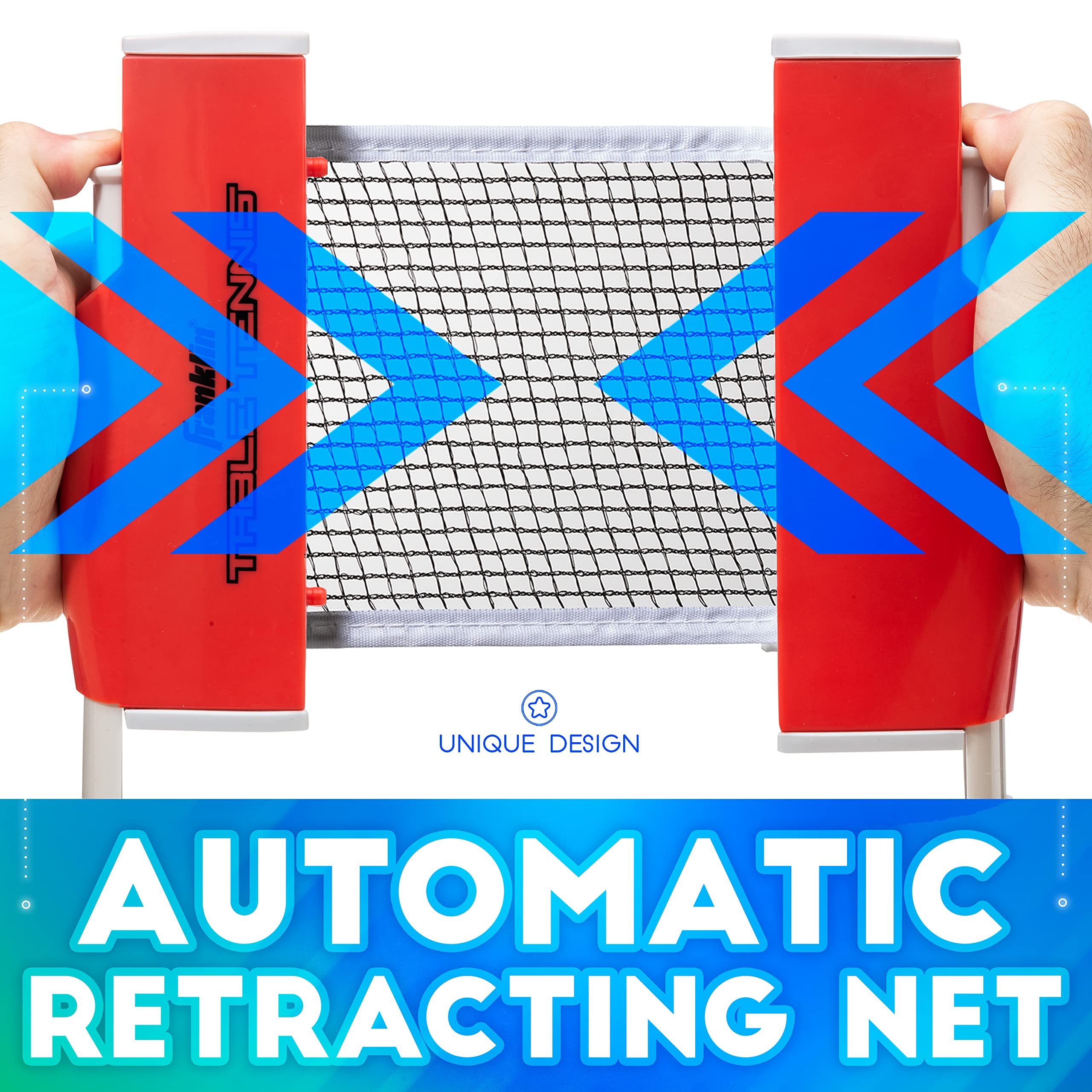 مجموعة تنس الطاولة المحمولة من فرانكلين سبورتس توفر تجربة لعب متكاملة في أي مكان. خفيفة الوزن وسهلة الحمل، تحتوي على مضارب، كرات، وشبكة يمكن تركيبها على أي طاولة