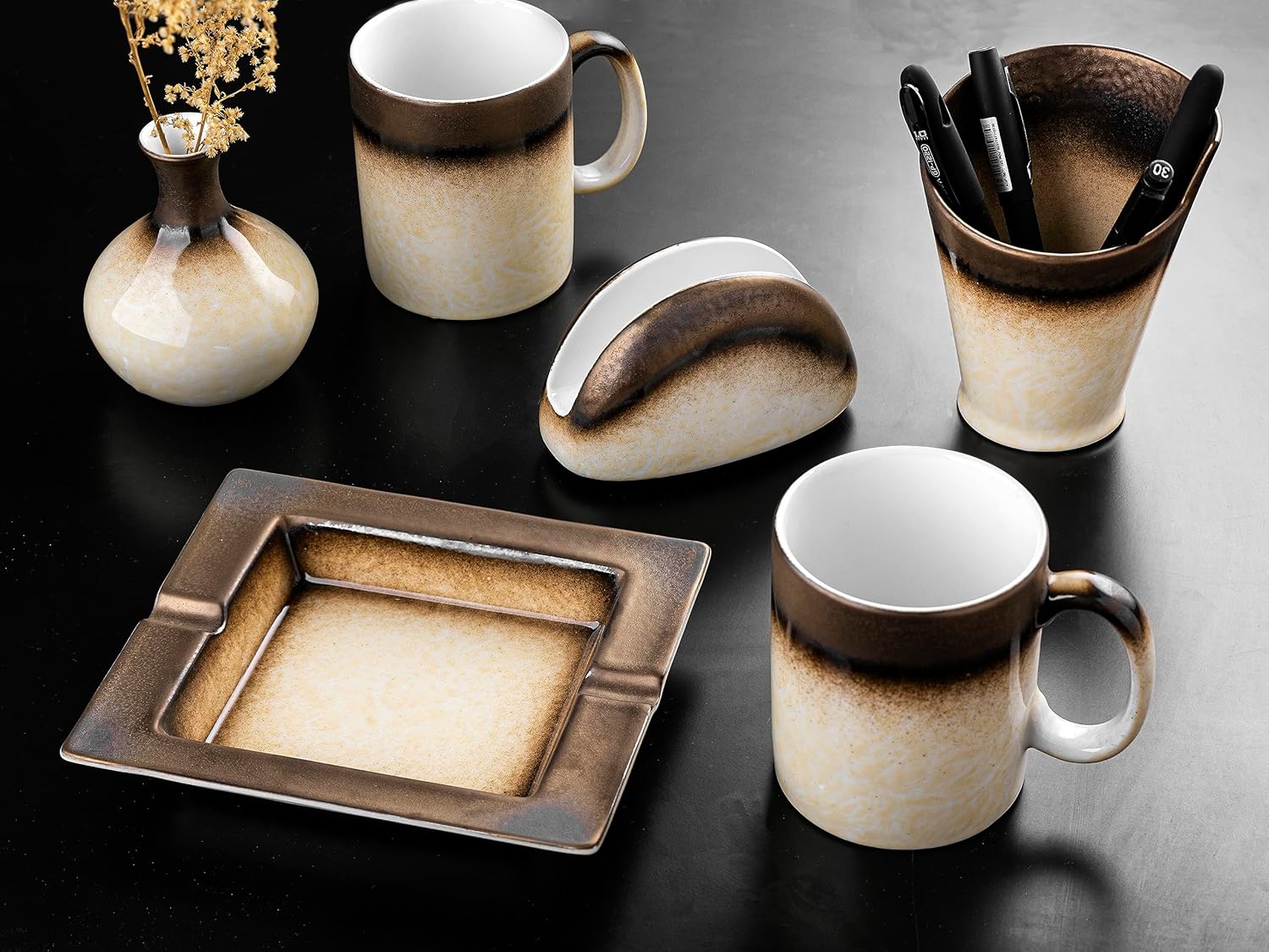 Fathy Mahmoud Office Set 6 Pieces Porcelain Hazelnut Desk Accessories