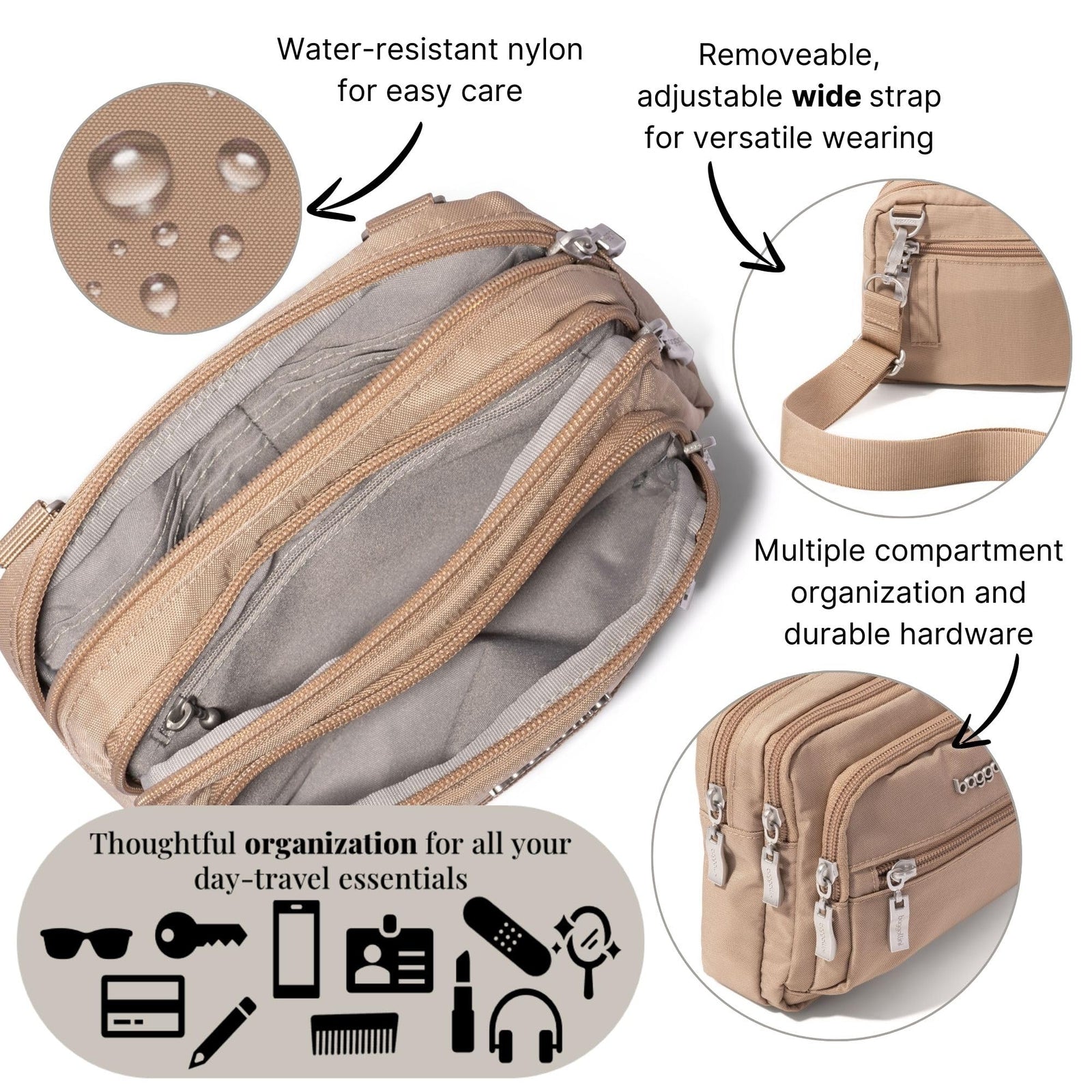 حقيبة نسائية صغيرة بغاليني ثلاثية السوستة قابلة للتحويل – خفيفة ومقاومة للماء