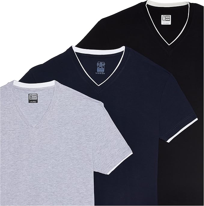 Hero Basic Men's Set of 3 Double V-Neck T-Shirts + Free Boxer Underwear (Pack of 4)