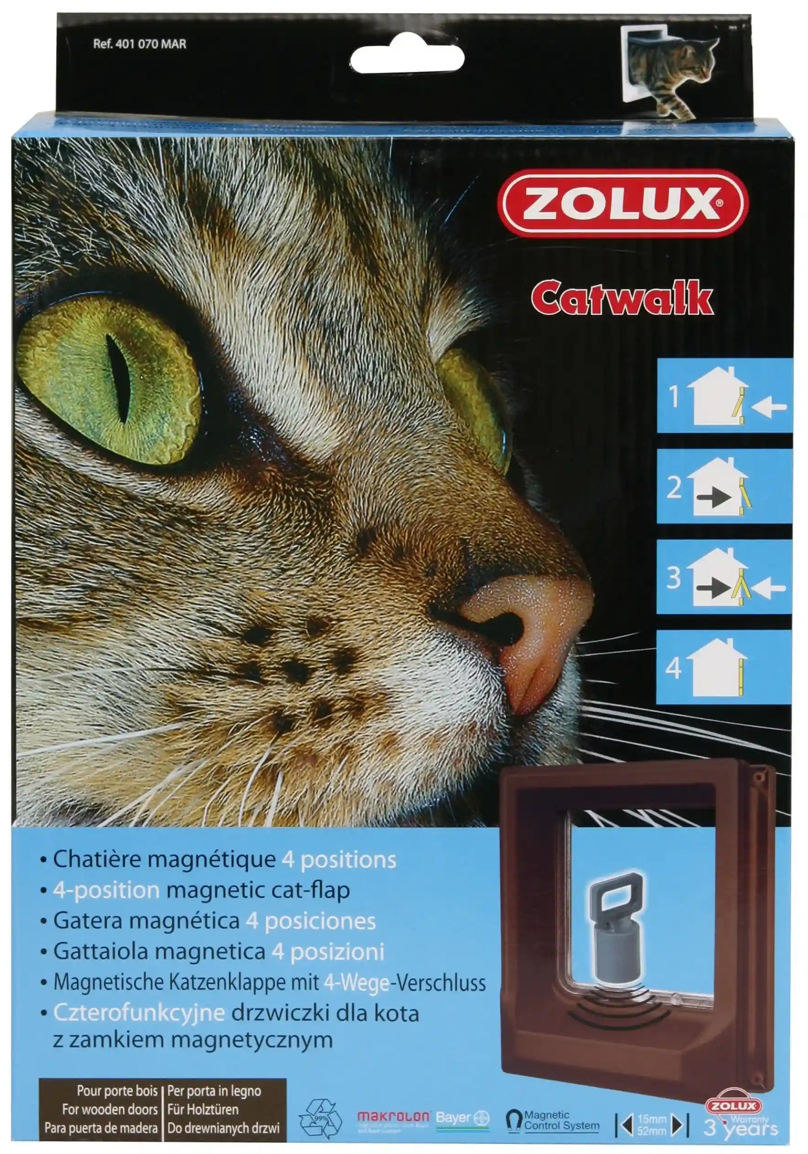 باب قطط مغناطيسي من Zolux مناسب للأبواب الخشبية باللون البني، يوفر دخولًا وخروجًا سهلاً وآمنًا للقطط. يتميز بإغلاق مغناطيسي يسمح للقطط بالدخول والخروج بحرية مع الحفاظ على إغلاق الباب بإحكام