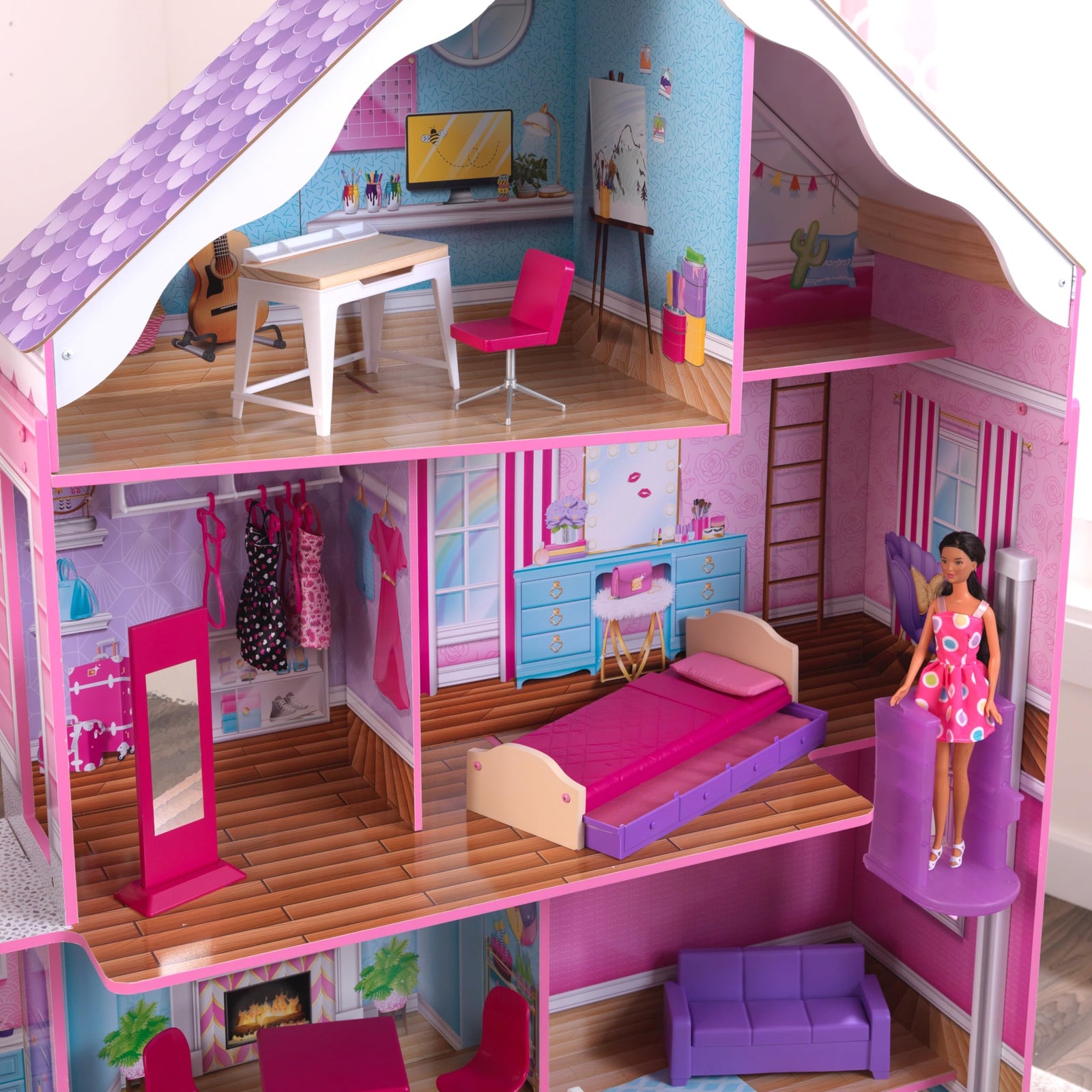 منزل دمى قصر ملاذ بيت الشجرة KidKraft 10108 مع تجميع EZ Kraft و26 ملحقًا مرفقًا، مجموعة لعب من 4 طوابق لدمى 30 سم/12 بوصة