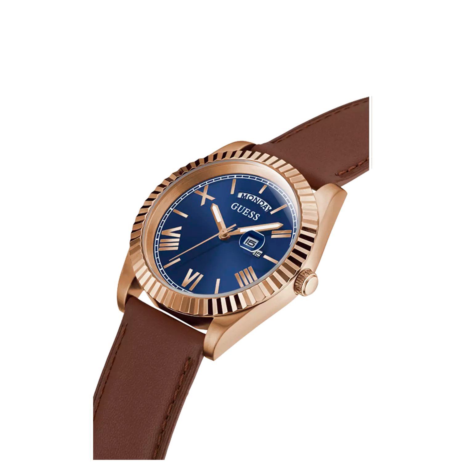 Guess Men’s Watch – Rose Gold Tone Case, Round Shape, Genuine Leather Strap