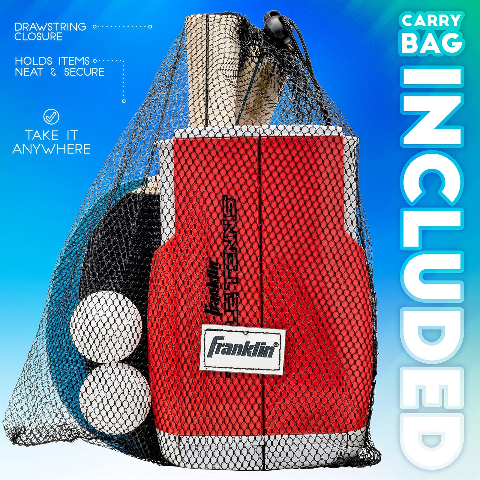 مجموعة تنس الطاولة المحمولة من فرانكلين سبورتس توفر تجربة لعب متكاملة في أي مكان. خفيفة الوزن وسهلة الحمل، تحتوي على مضارب، كرات، وشبكة يمكن تركيبها على أي طاولة