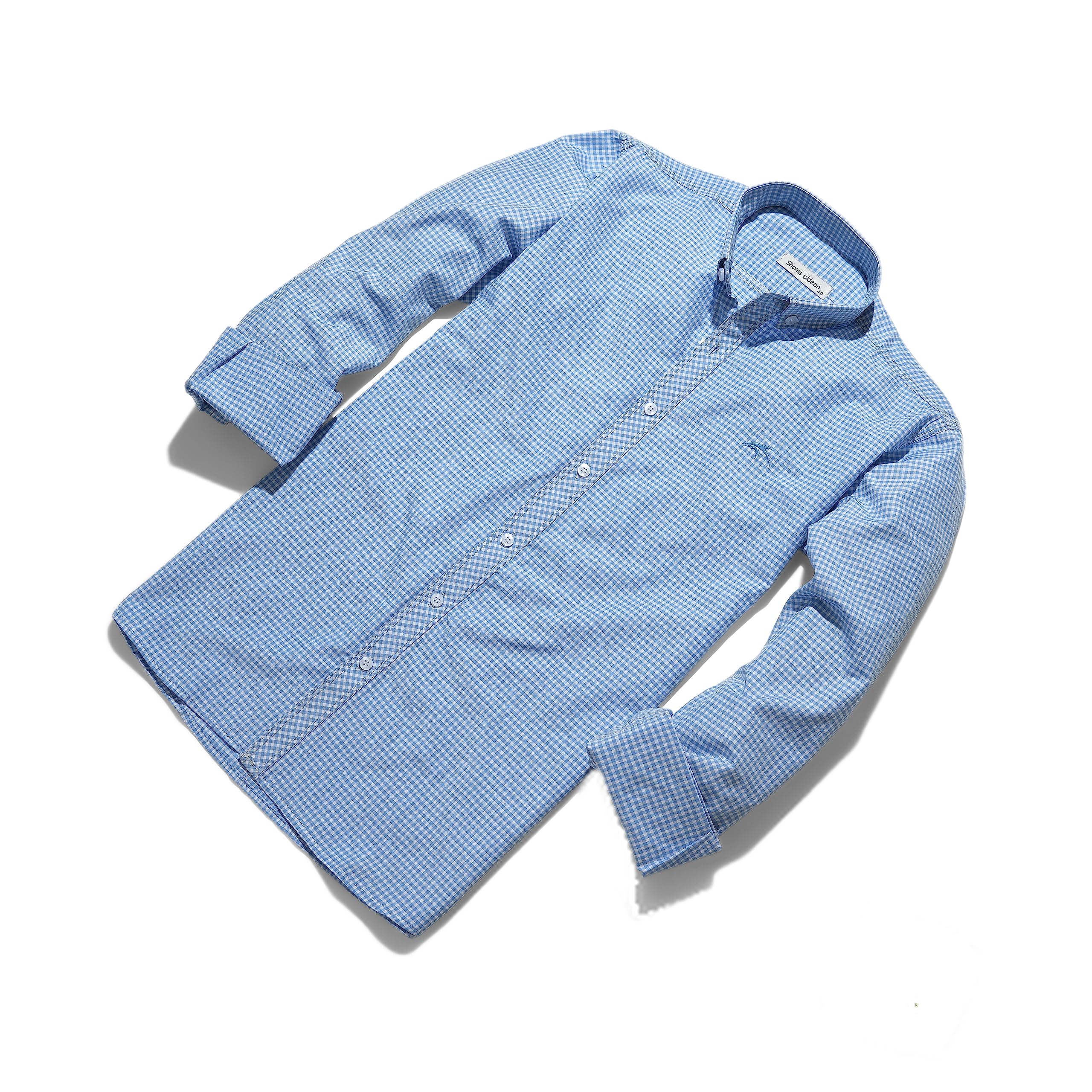Mens Cotton Lightweight Long Sleeve Fit Button Down Collar Plaid Shirt-Baby Blue - Safqqa