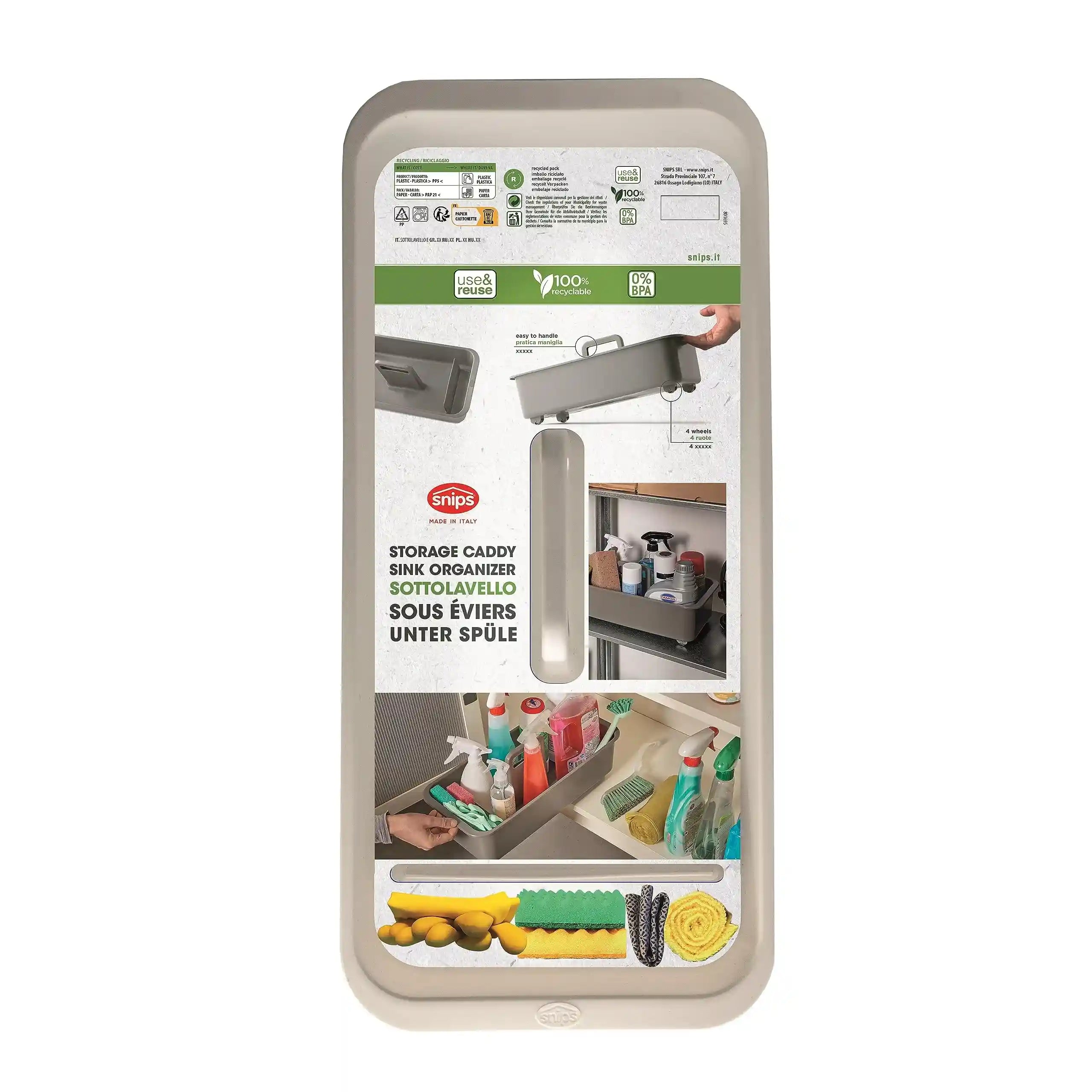 سلة تنظيم تحت الحوض من سنِبس باللون الأبيض مع عجلات هي حل عملي لتوفير المساحة والحفاظ على ترتيب المطبخ أو الحمام. صُنعت في إيطاليا من خامات متينة وعالية الجودة، وتتميز بعجلات سلسة لتسهيل تحريكها