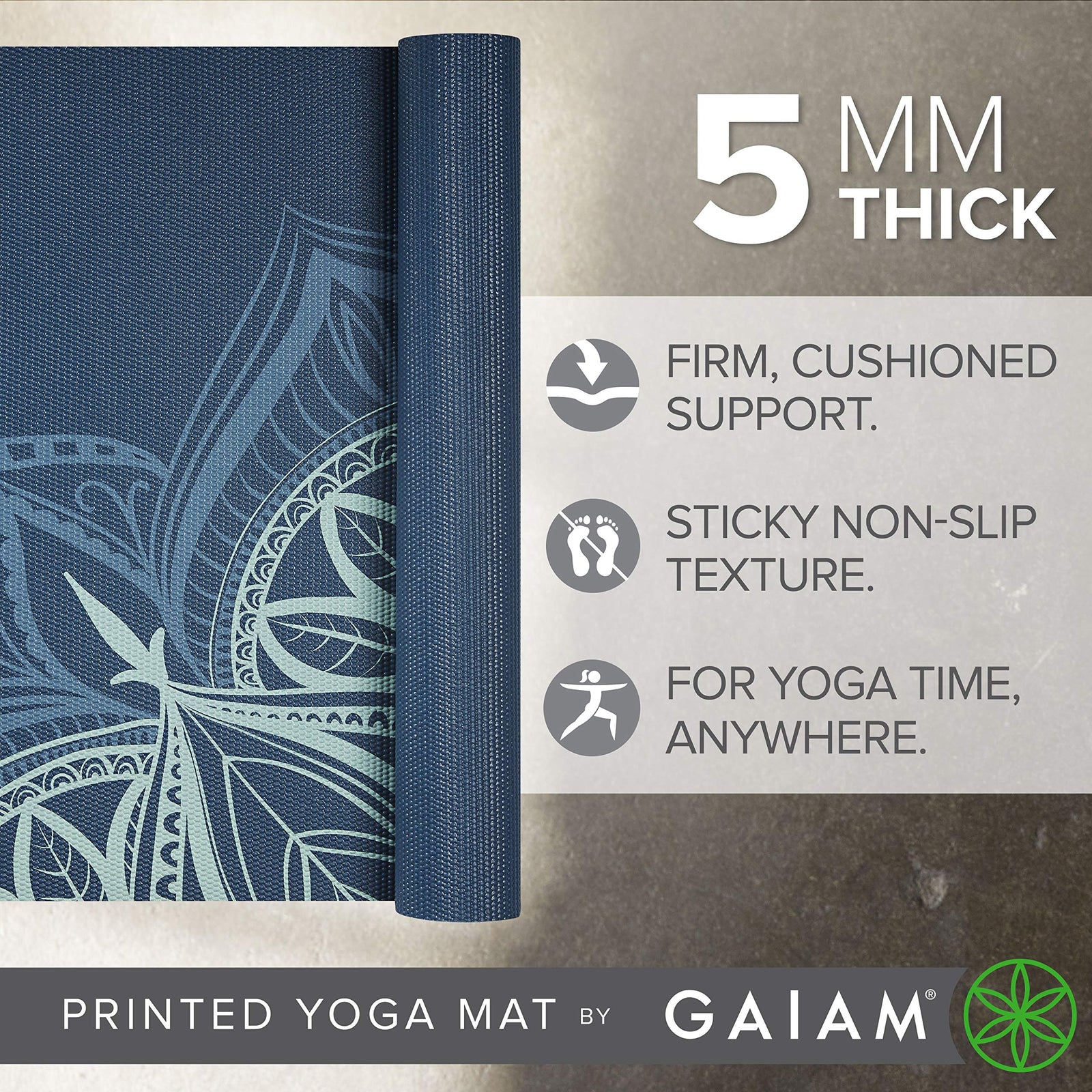 Gaiam Premium Yoga Mat 5 mm – Printed Thick Non-Slip Exercise Mat