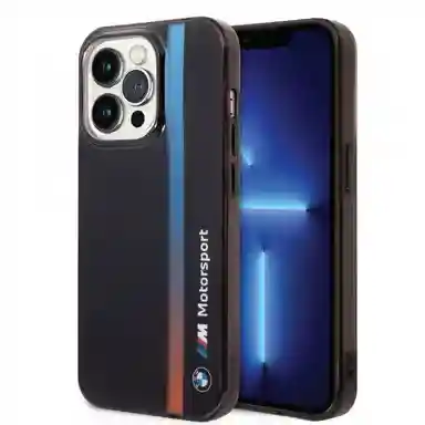 غطاء iPhone 14 pro max من مجموعة CG MOBILE BMW Motorsport | شريط متدرج ثلاثي الألوان، حماية كاملة، تصميم أنيق، فتحات دقيقة - أسود
