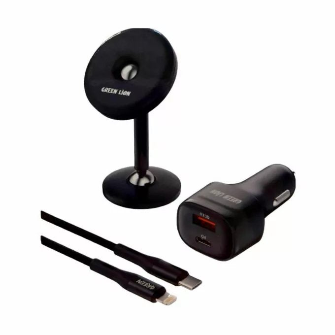 مجموعة جرين 3 في 1 هي إكسسوار سيارة عملي ومتعدد الاستخدامات تضم حامل مغناطيسي للهاتف وشاحن سيارة سريع بقوة 20 واط بتقنيتي PD وQC مع كابل USB-C إلى لايتنينغ