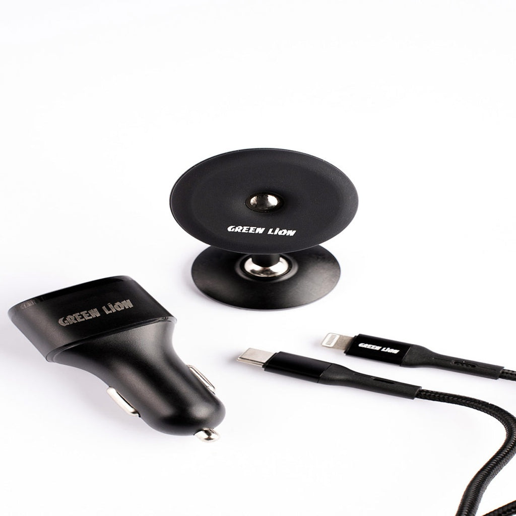 مجموعة جرين 3 في 1 هي إكسسوار سيارة عملي ومتعدد الاستخدامات تضم حامل مغناطيسي للهاتف وشاحن سيارة سريع بقوة 20 واط بتقنيتي PD وQC مع كابل USB-C إلى لايتنينغ