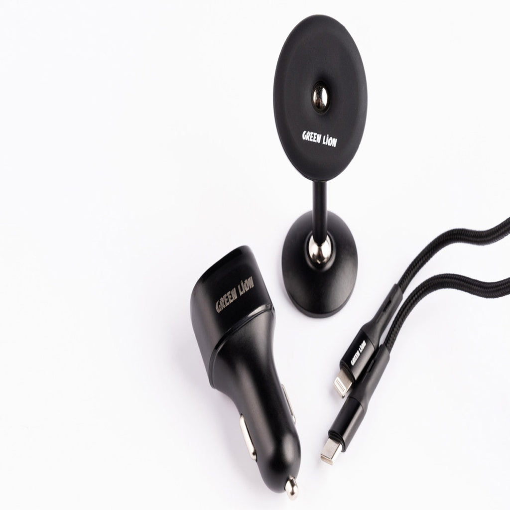 مجموعة جرين 3 في 1 هي إكسسوار سيارة عملي ومتعدد الاستخدامات تضم حامل مغناطيسي للهاتف وشاحن سيارة سريع بقوة 20 واط بتقنيتي PD وQC مع كابل USB-C إلى لايتنينغ